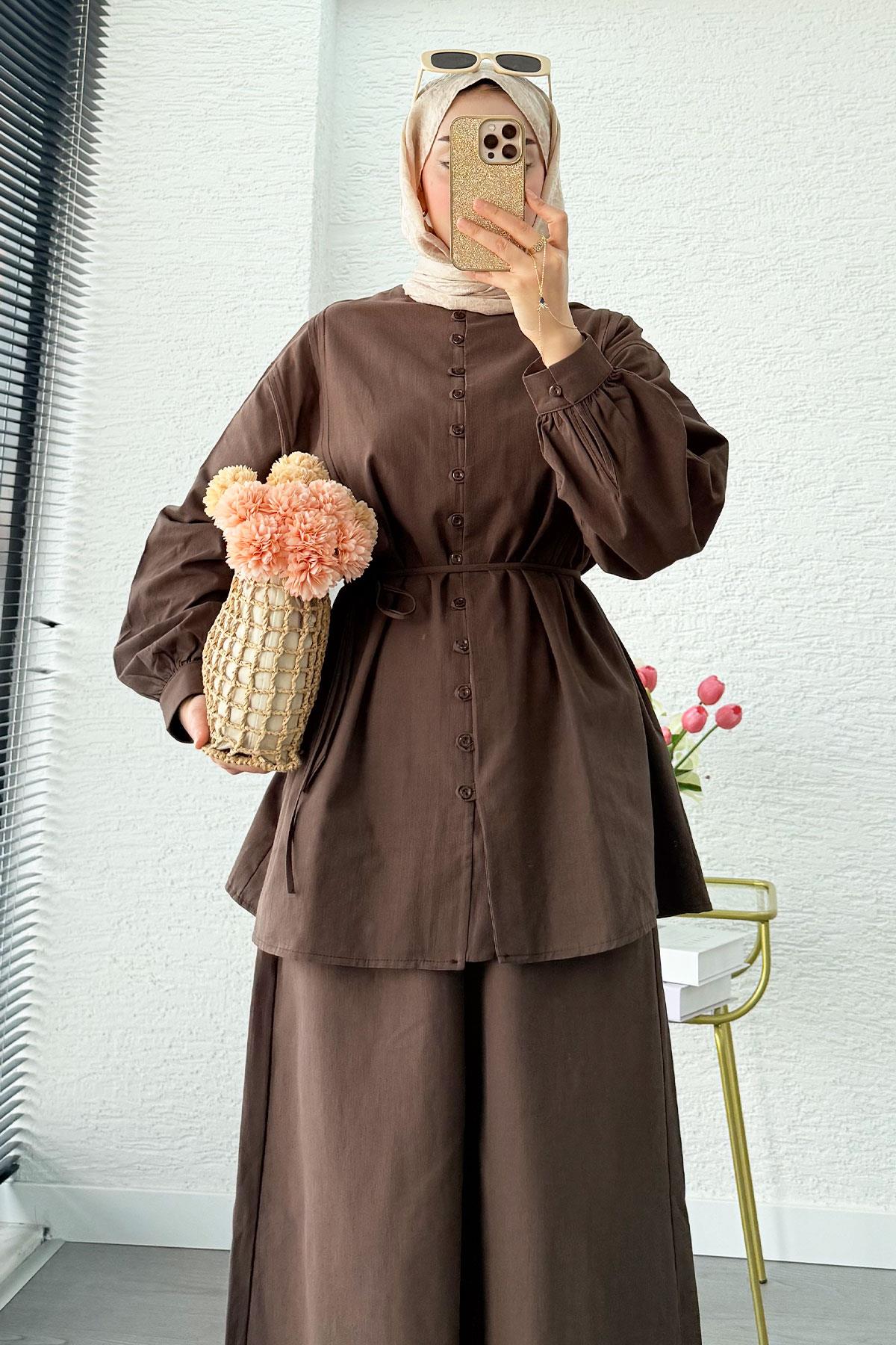 Premium Oversize Birit Düğmeli Keten Takım - Kahverengi