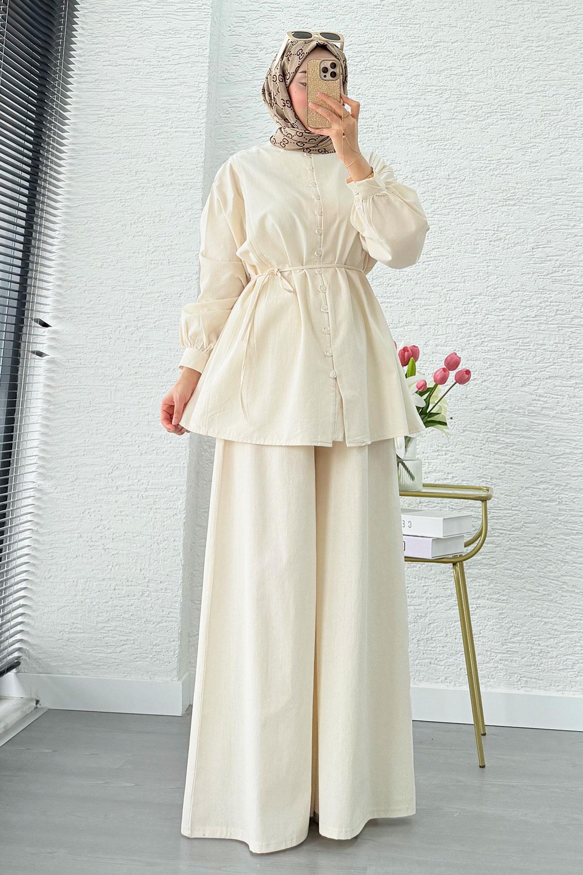 Premium Oversize Birit Düğmeli Keten Takım - Bej