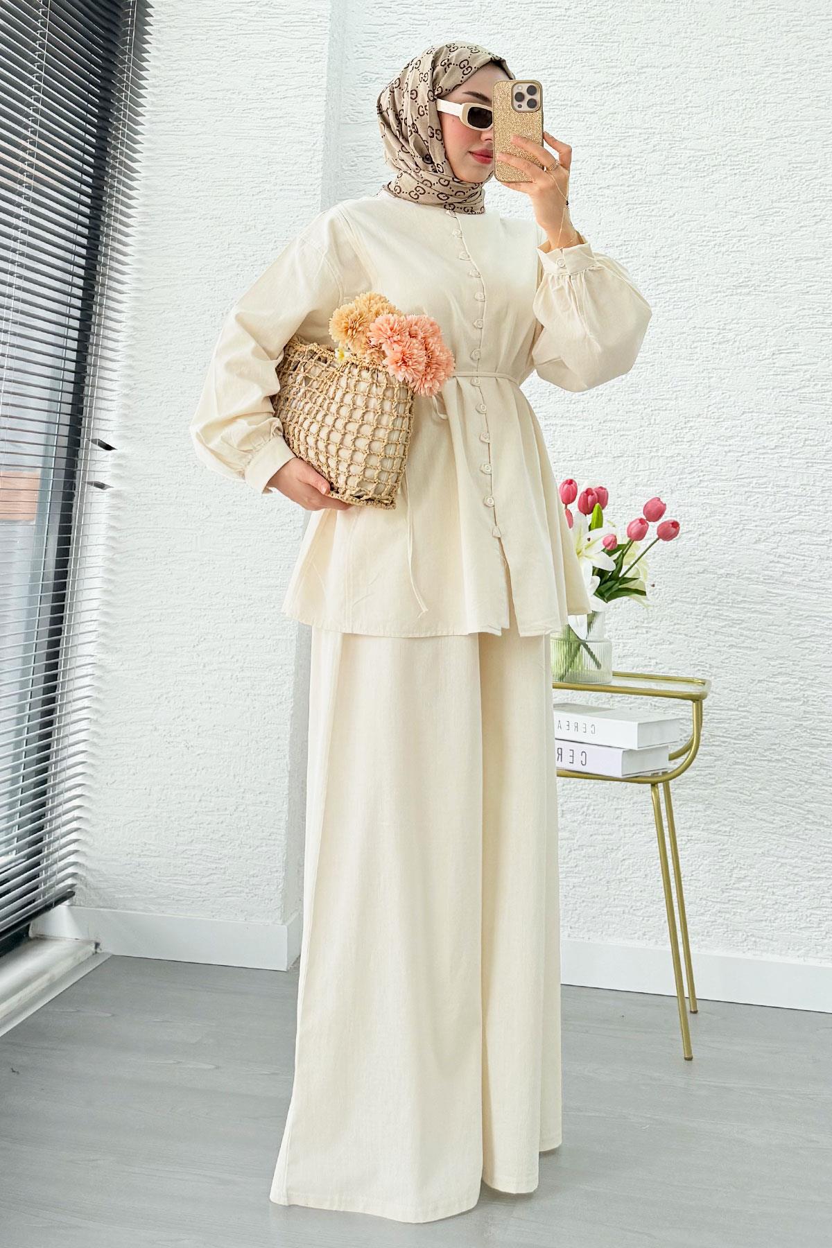 Premium Oversize Birit Düğmeli Keten Takım - Bej