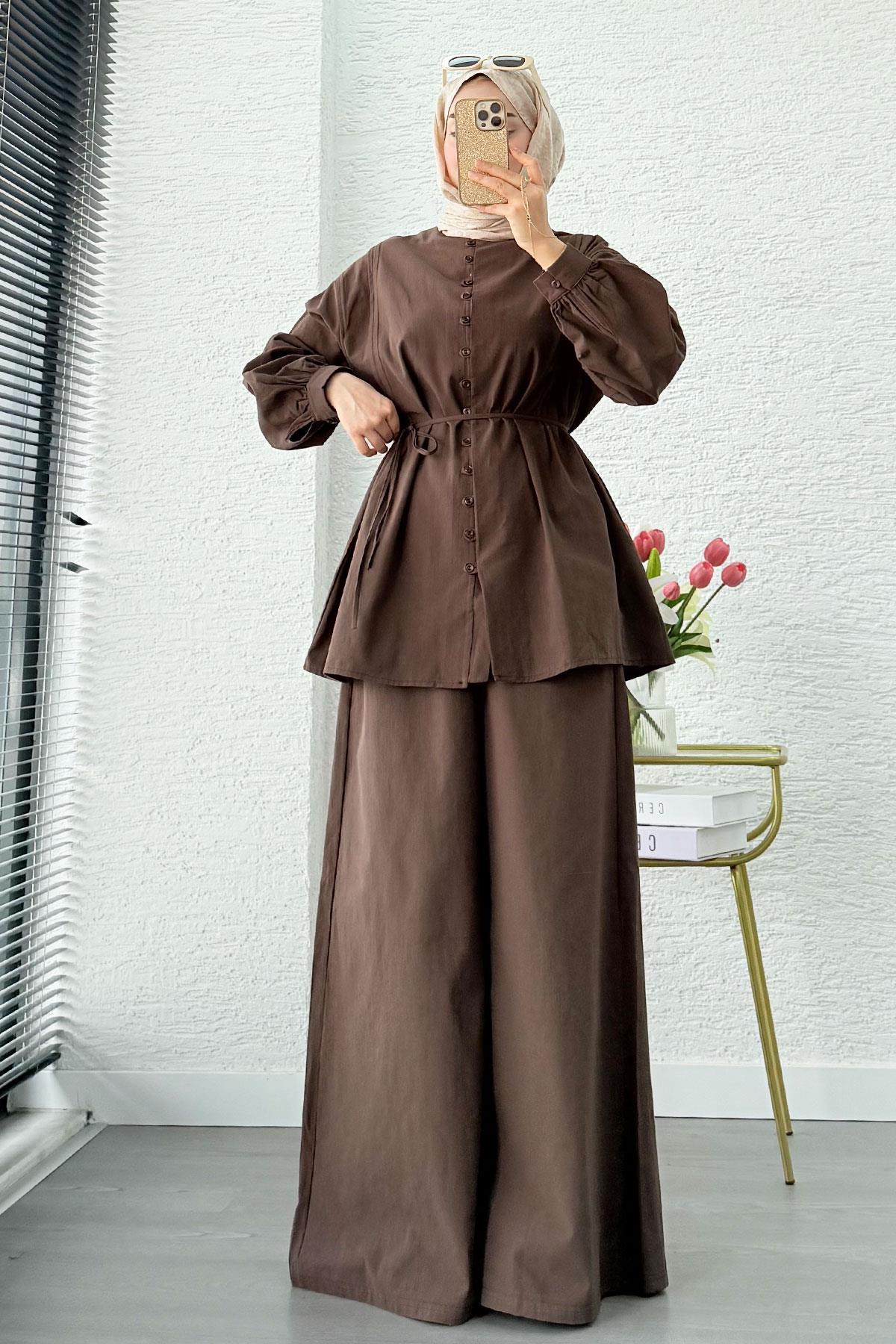 Premium Oversize Birit Düğmeli Keten Takım - Kahverengi