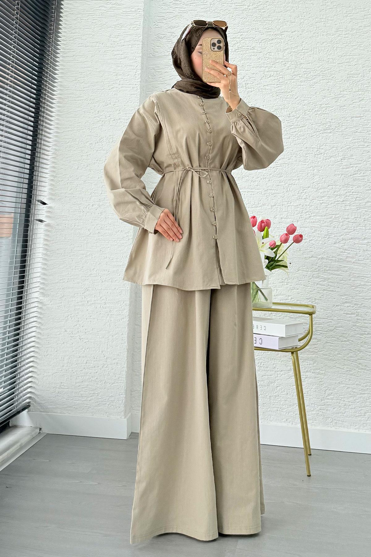 Premium Oversize Birit Düğmeli Keten Takım - Çağla