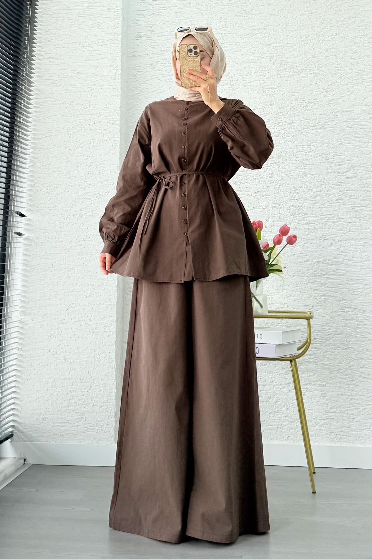 Premium Oversize Birit Düğmeli Keten Takım - Kahverengi