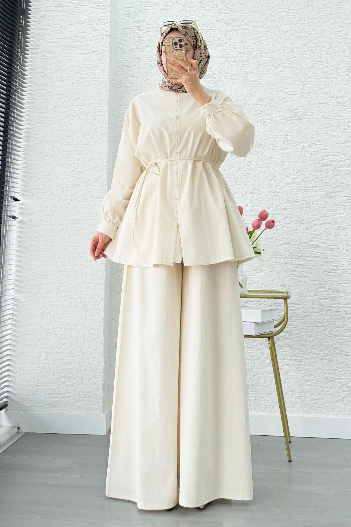 Premium Oversize Birit Düğmeli Keten Takım - Bej
