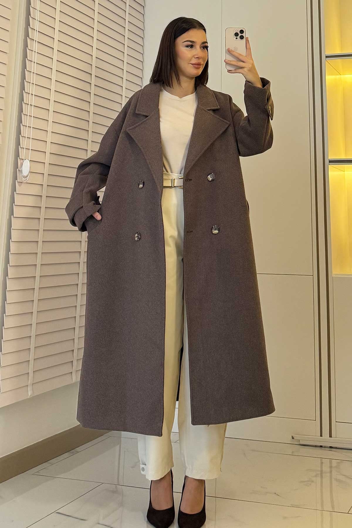 Premium Oversize Dört Düğmeli Kaşe Kaban – Kahverengi