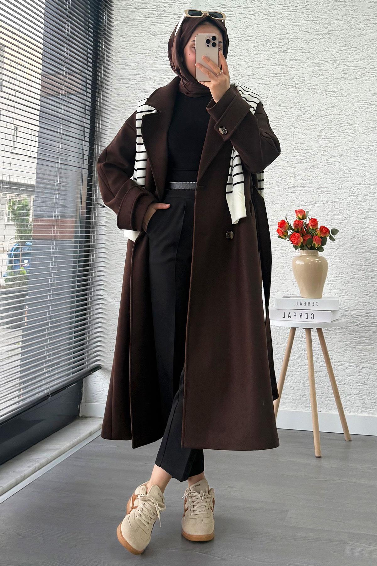 Premium Oversize Dört Düğmeli Kaşe Kaban – Acı Kahve