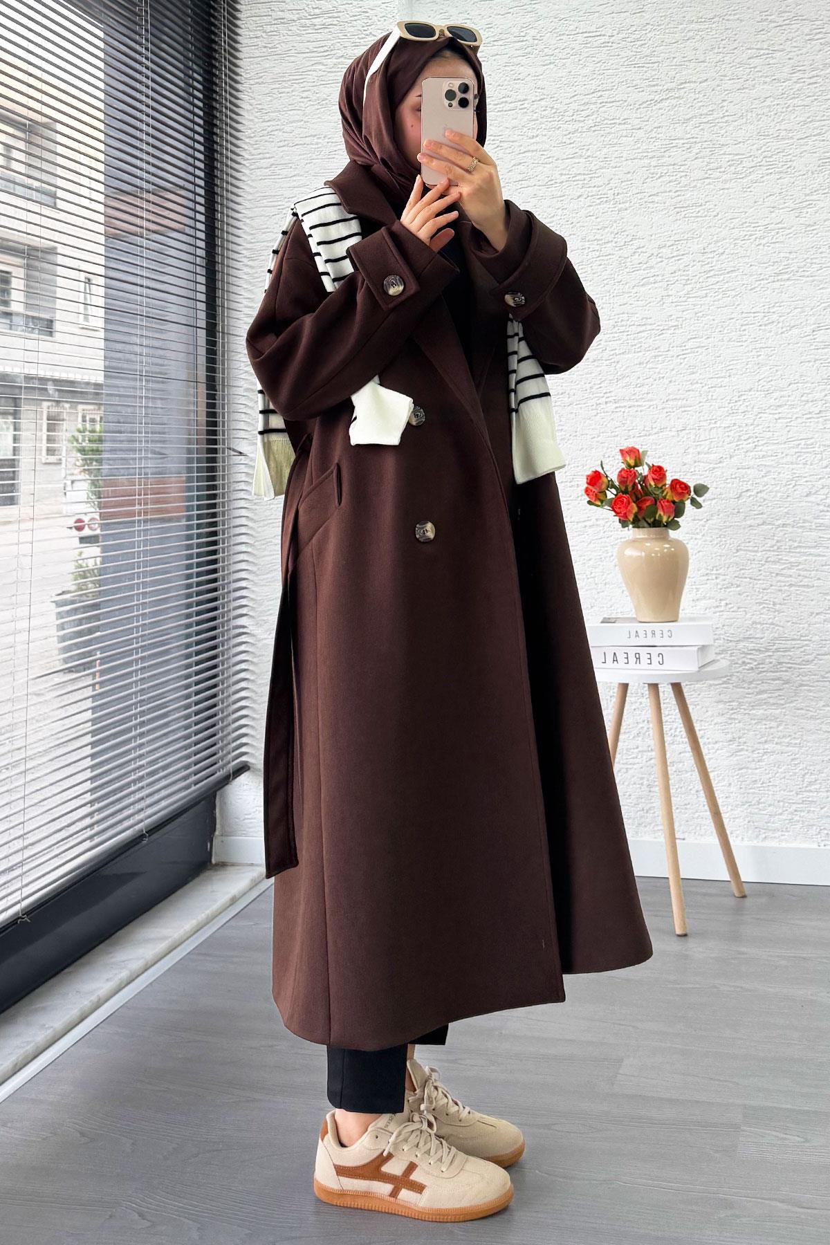 Premium Oversize Dört Düğmeli Kaşe Kaban – Acı Kahve