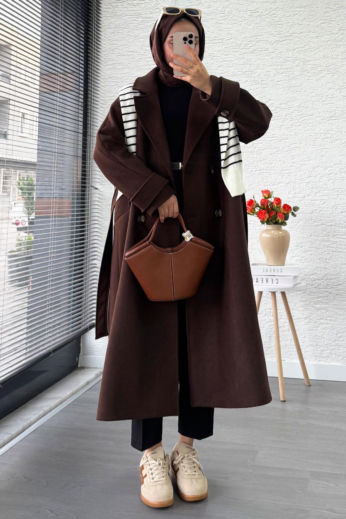 Premium Oversize Dört Düğmeli Kaşe Kaban – Acı Kahve
