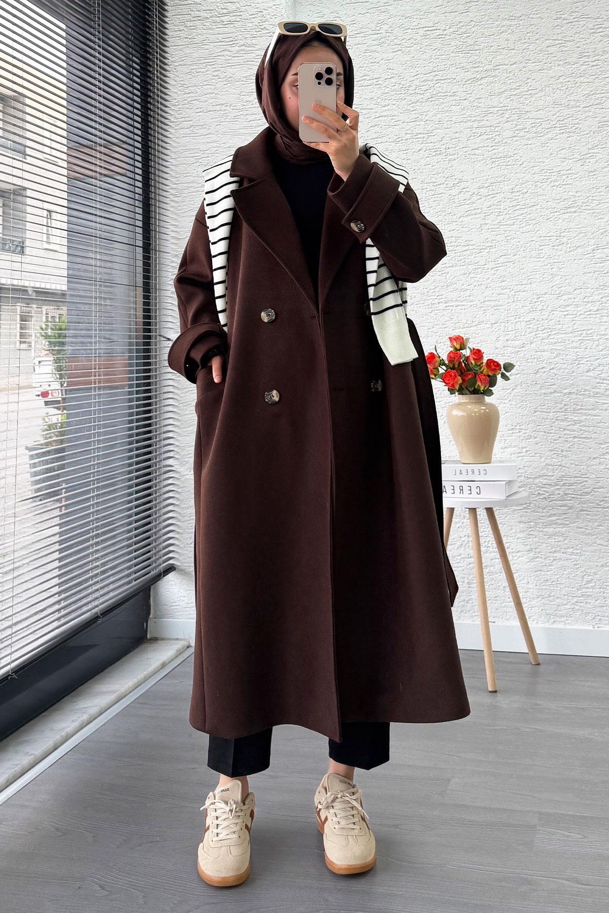 Premium Oversize Dört Düğmeli Kaşe Kaban – Acı Kahve