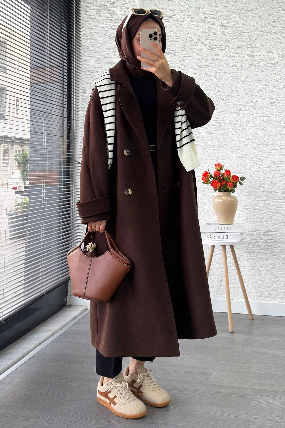 Premium Oversize Dört Düğmeli Kaşe Kaban – Acı Kahve