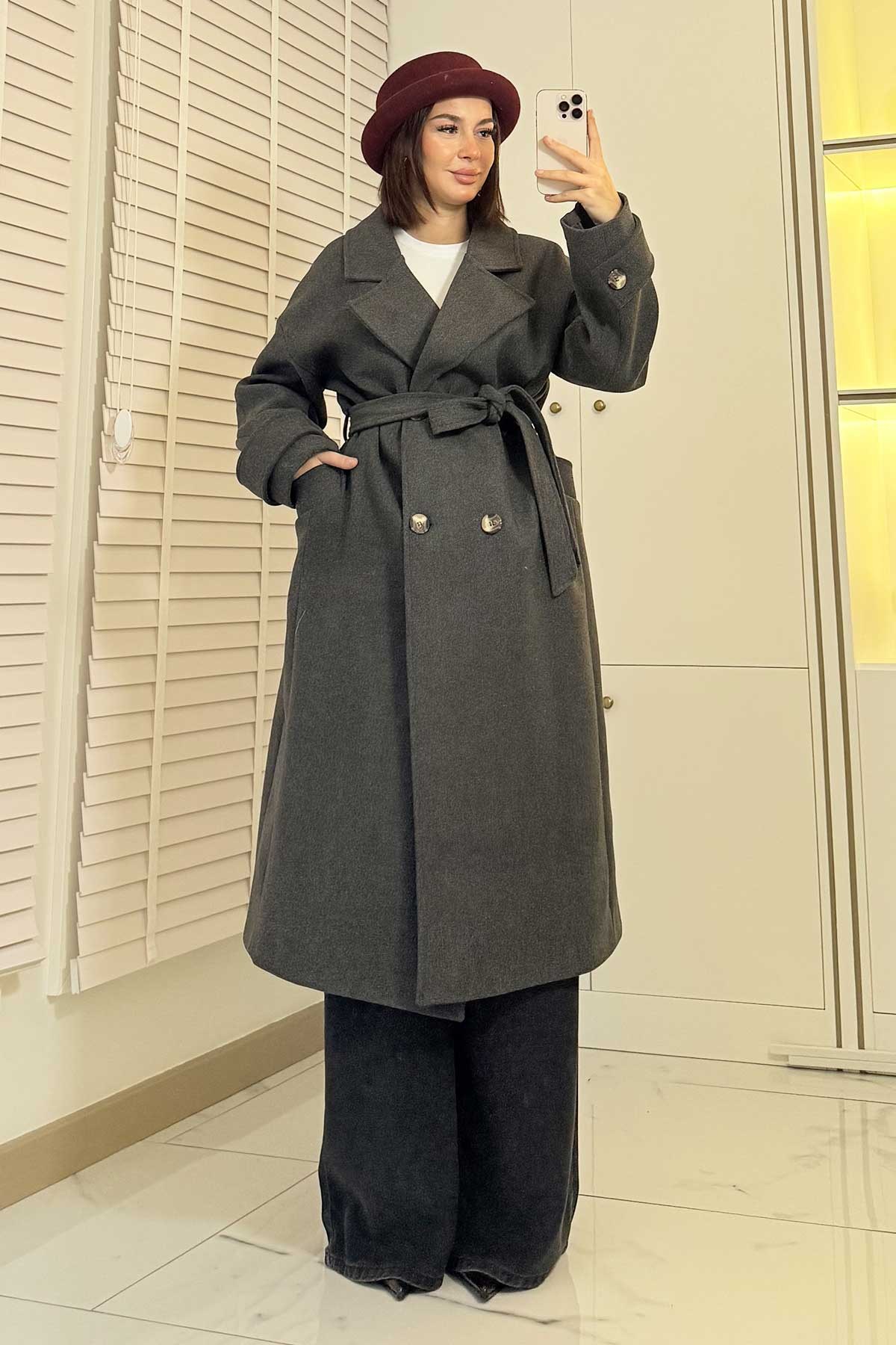 Premium Oversize Dört Düğmeli Kaşe Kaban – Antrasit