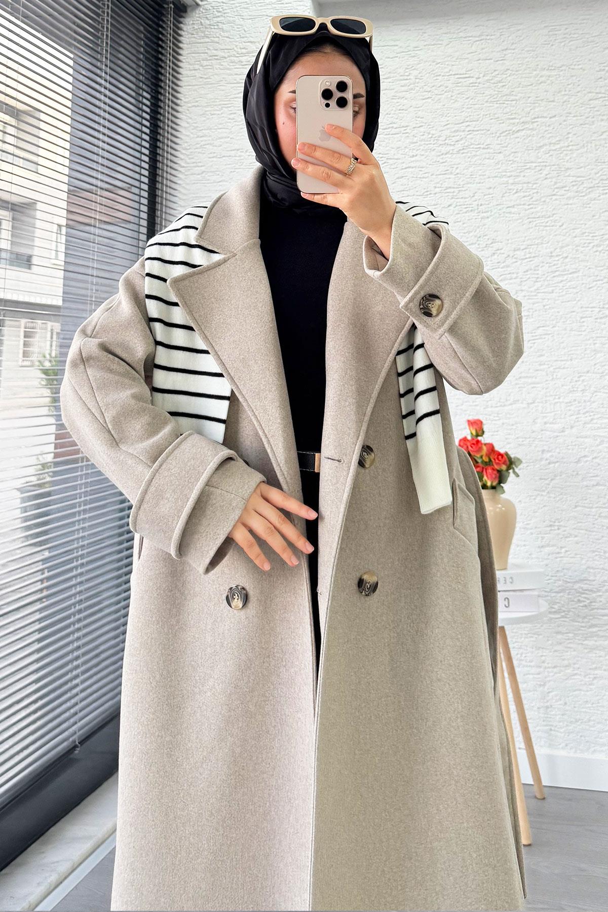 Premium Oversize Dört Düğmeli Kaşe Kaban – Taş