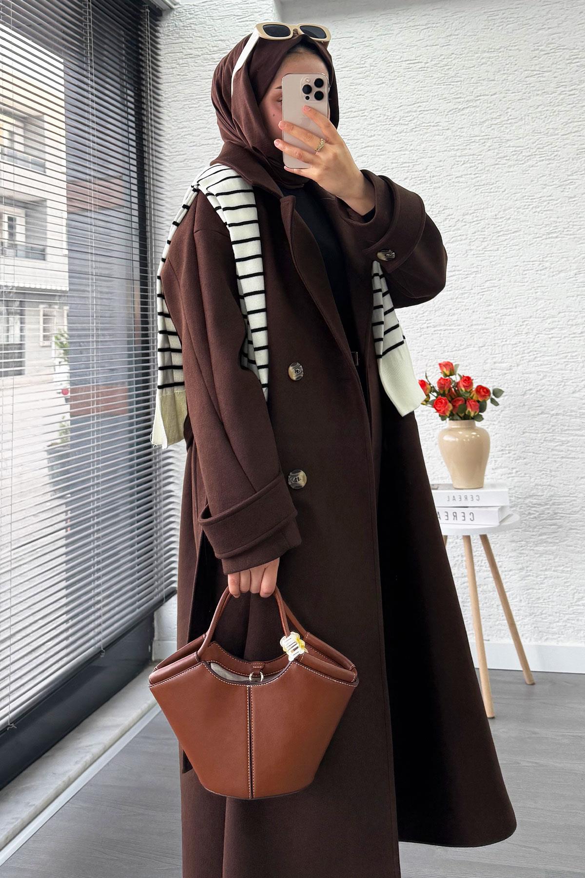 Premium Oversize Dört Düğmeli Kaşe Kaban – Acı Kahve