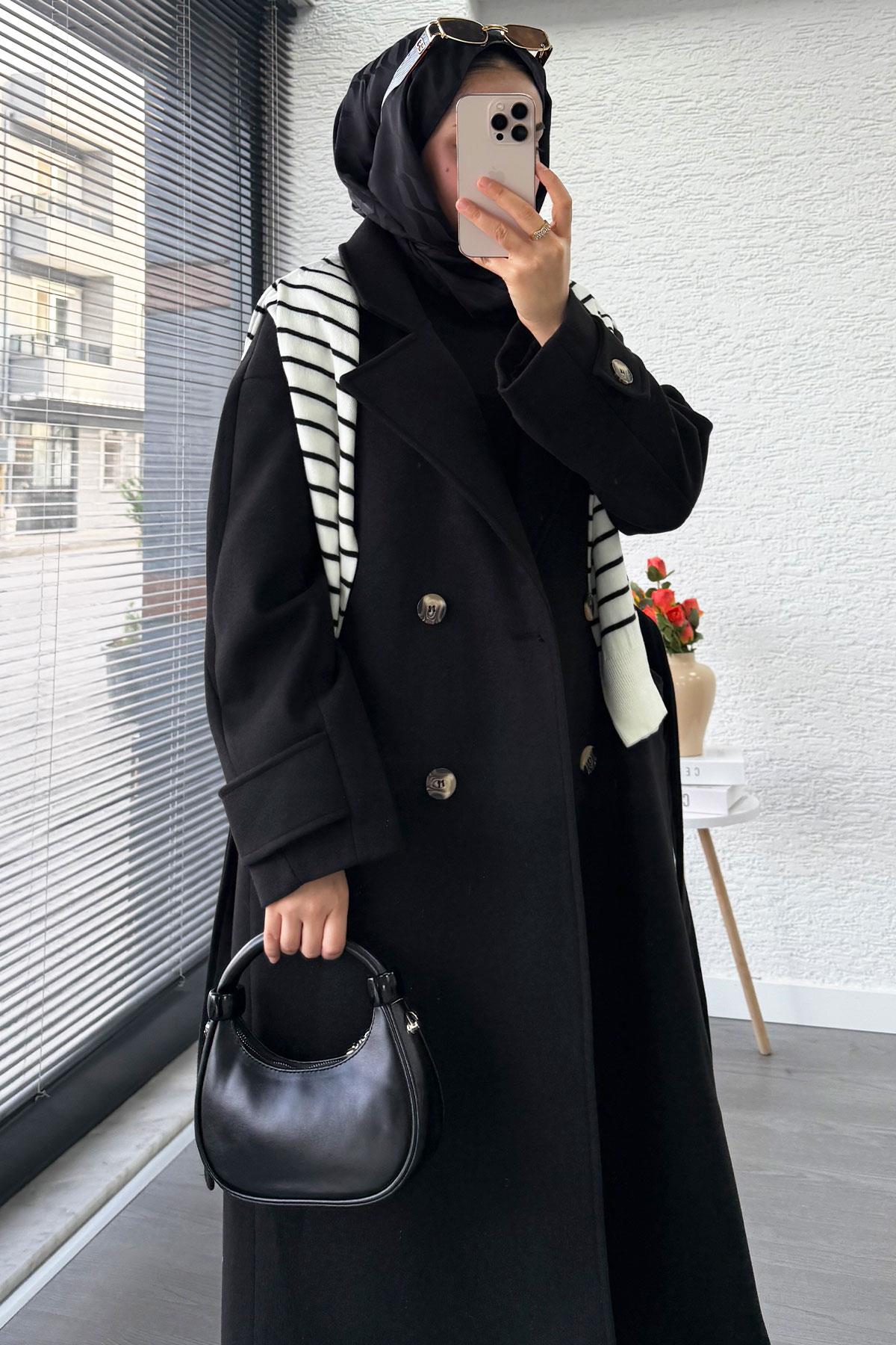 Premium Oversize Dört Düğmeli Kaşe Kaban – Siyah