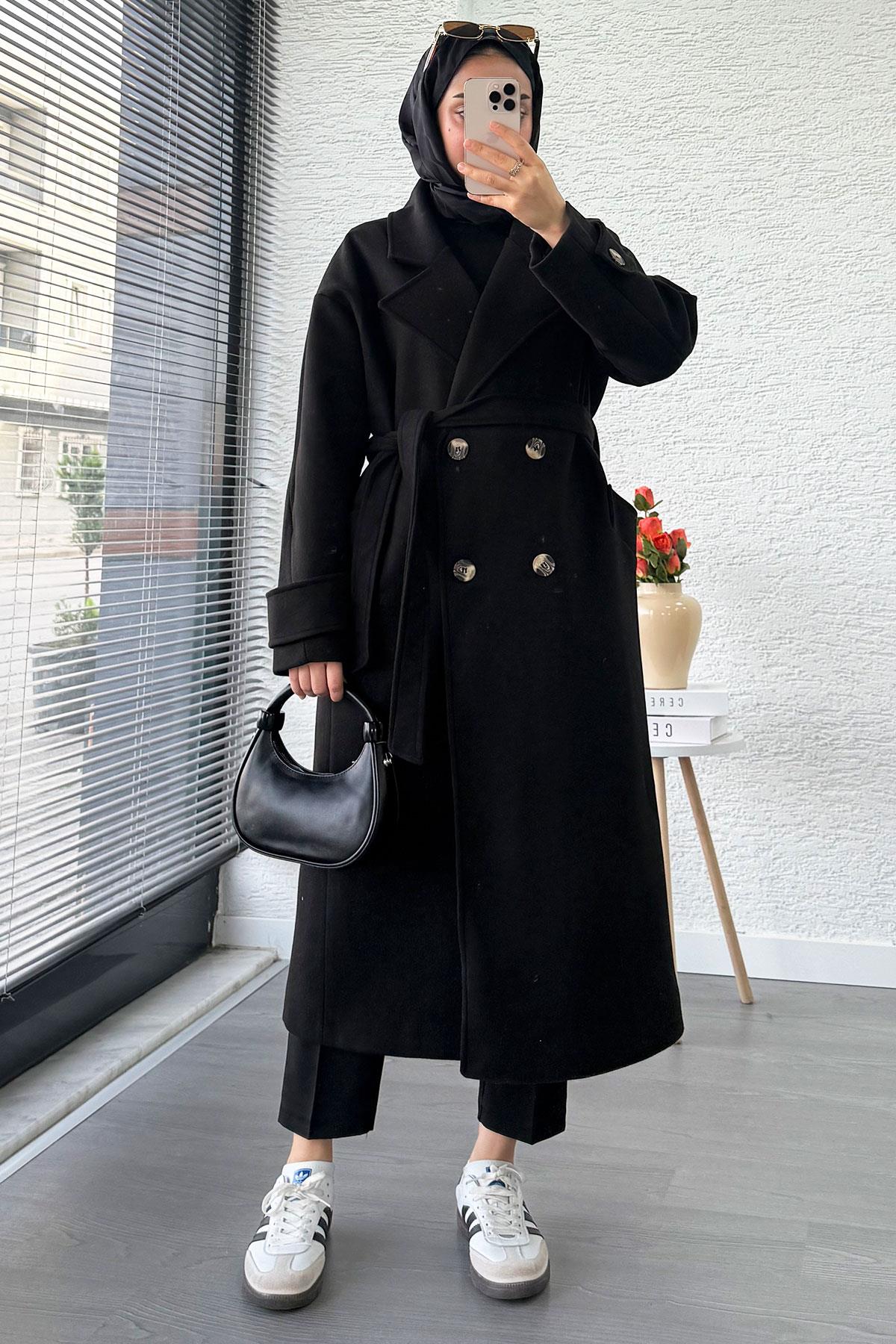 Premium Oversize Dört Düğmeli Kaşe Kaban – Siyah