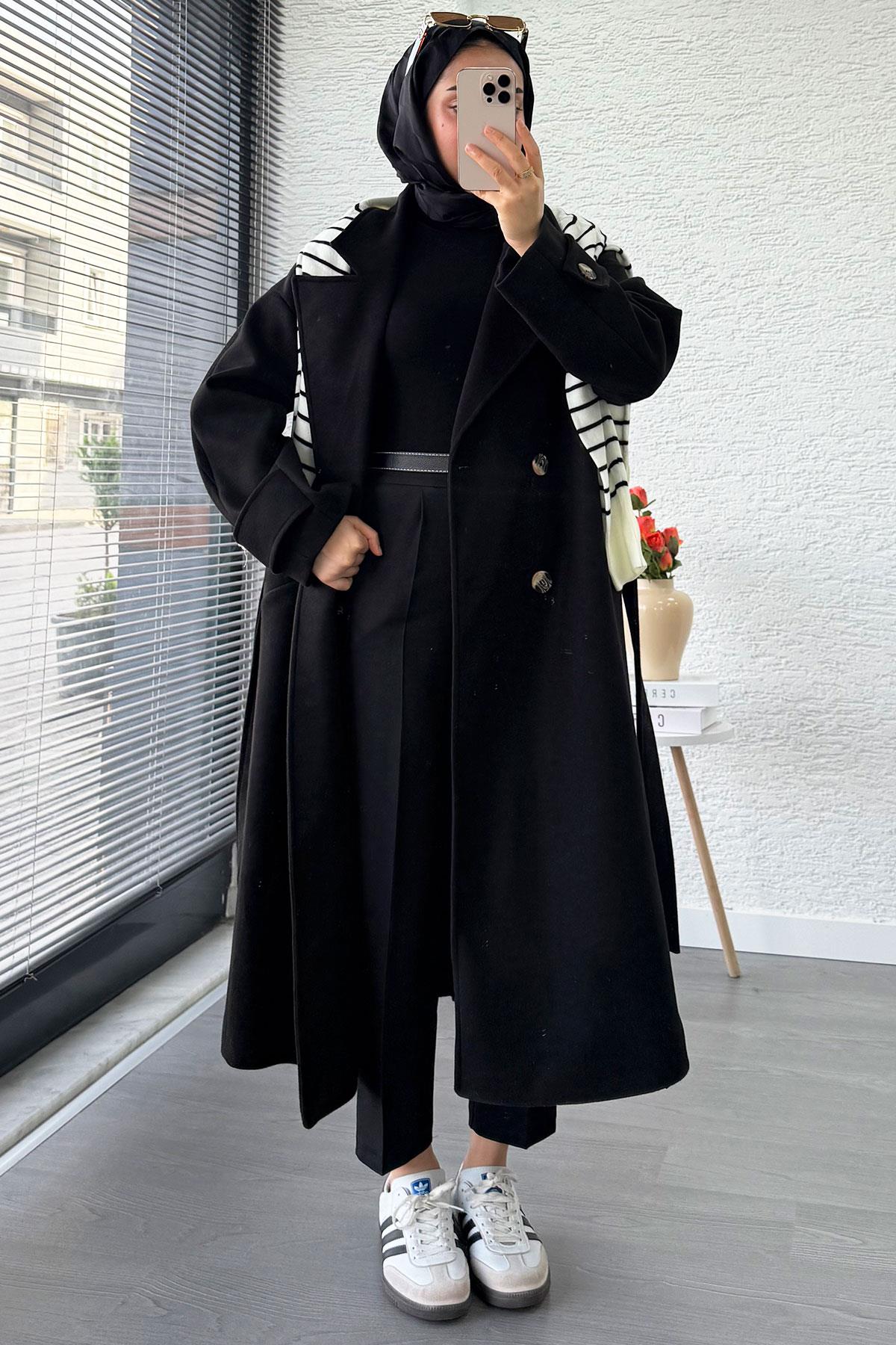 Premium Oversize Dört Düğmeli Kaşe Kaban – Siyah