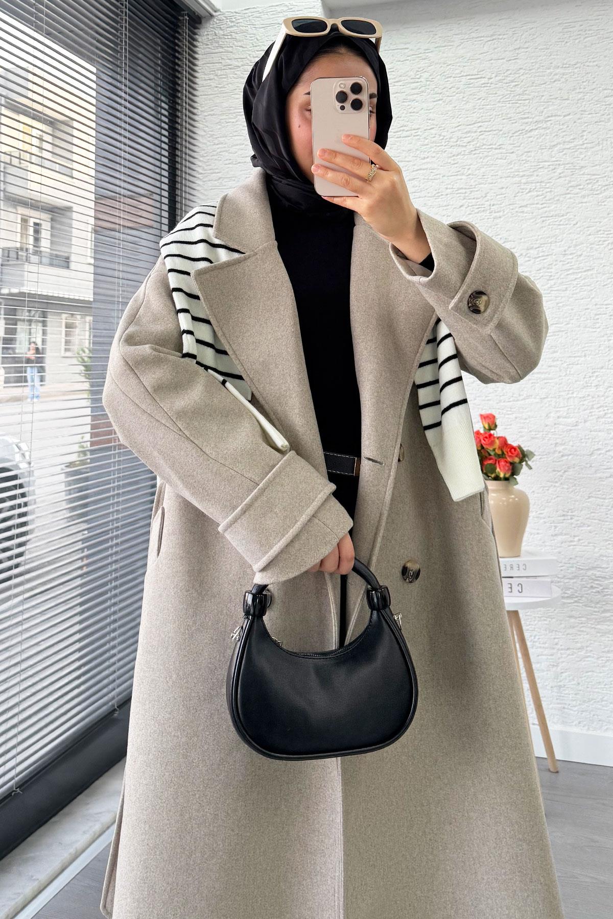 Premium Oversize Dört Düğmeli Kaşe Kaban – Taş