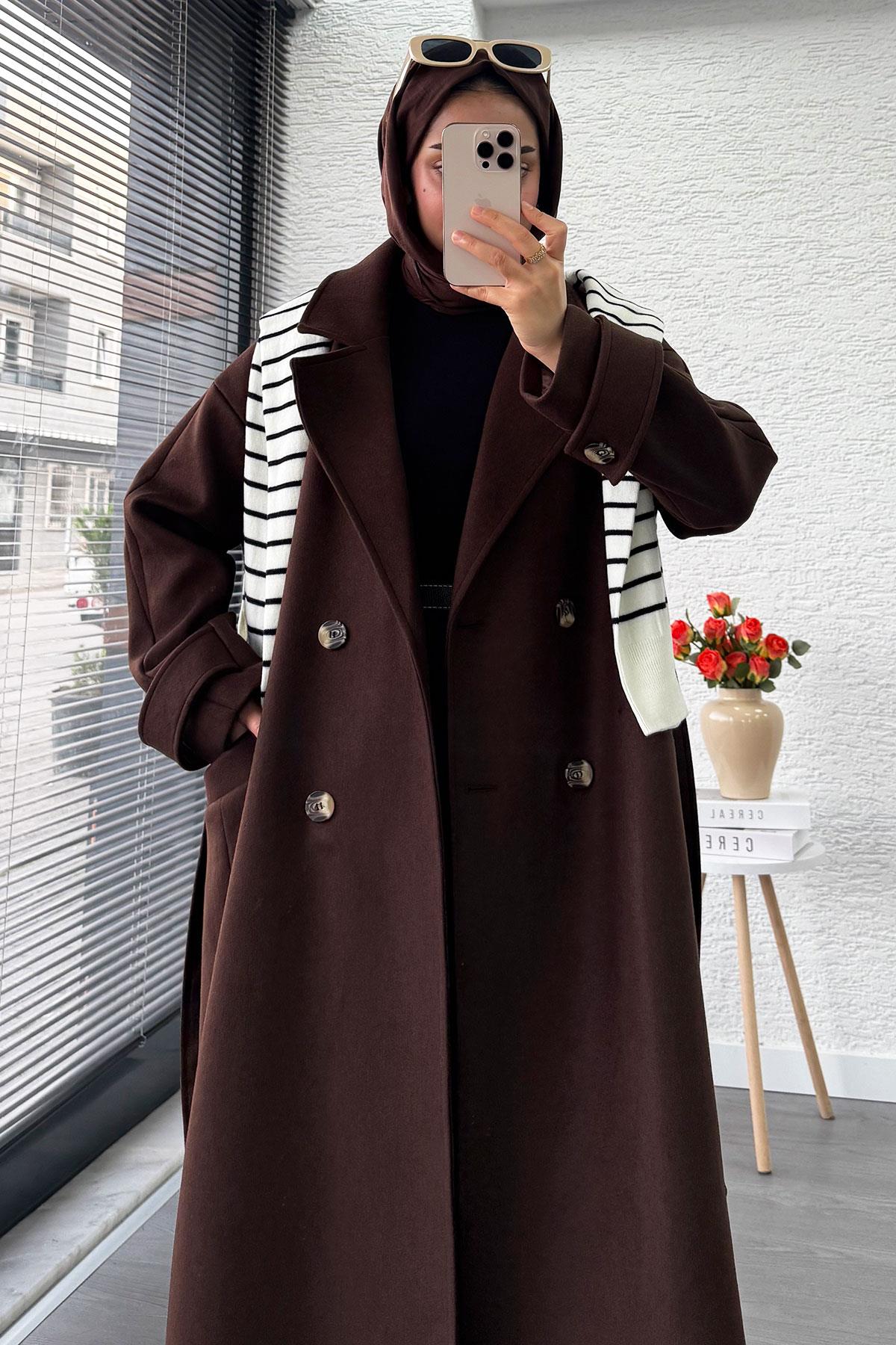 Premium Oversize Dört Düğmeli Kaşe Kaban – Acı Kahve