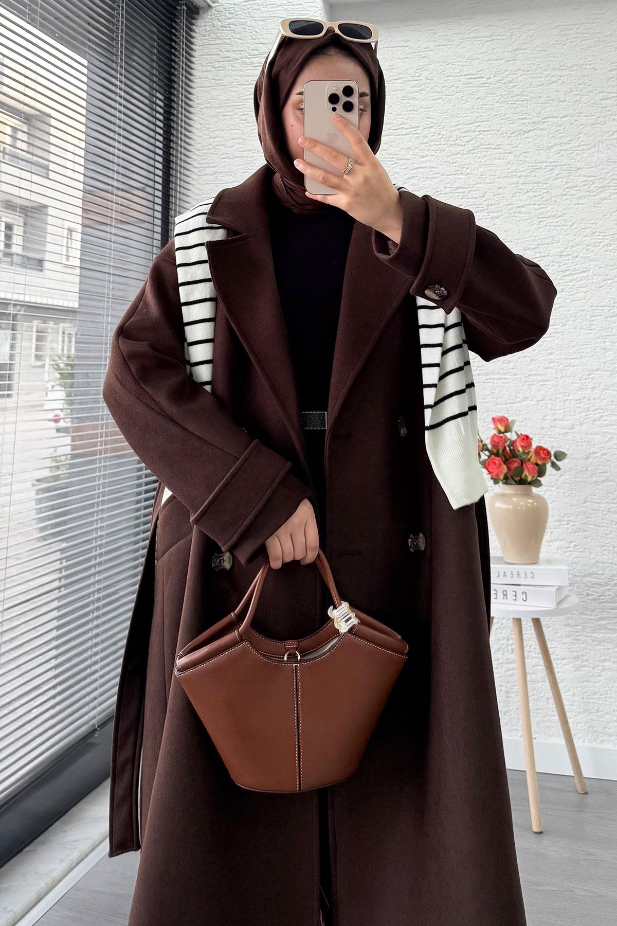 Premium Oversize Dört Düğmeli Kaşe Kaban – Acı Kahve