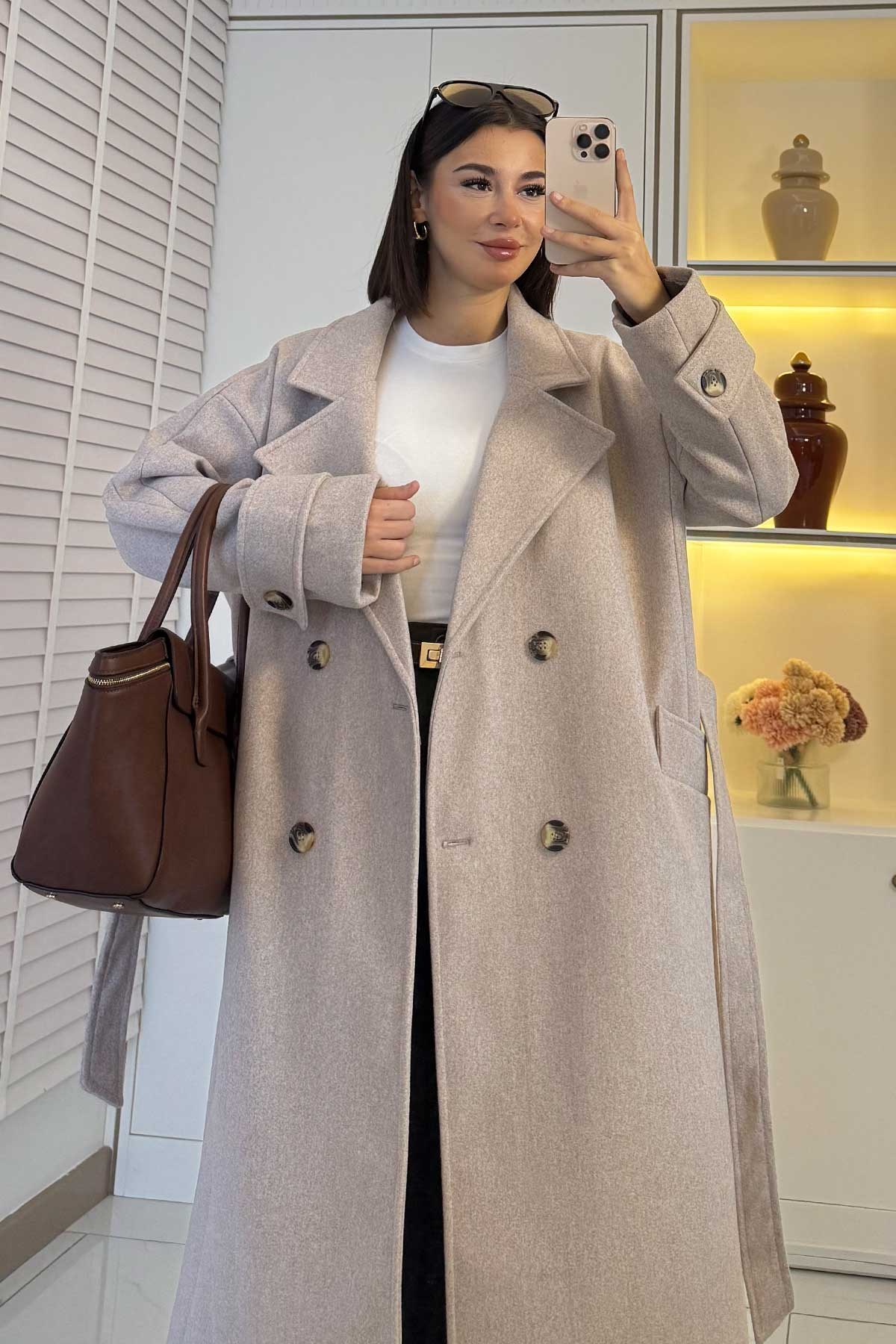 Premium Oversize Dört Düğmeli Kaşe Kaban – Bej