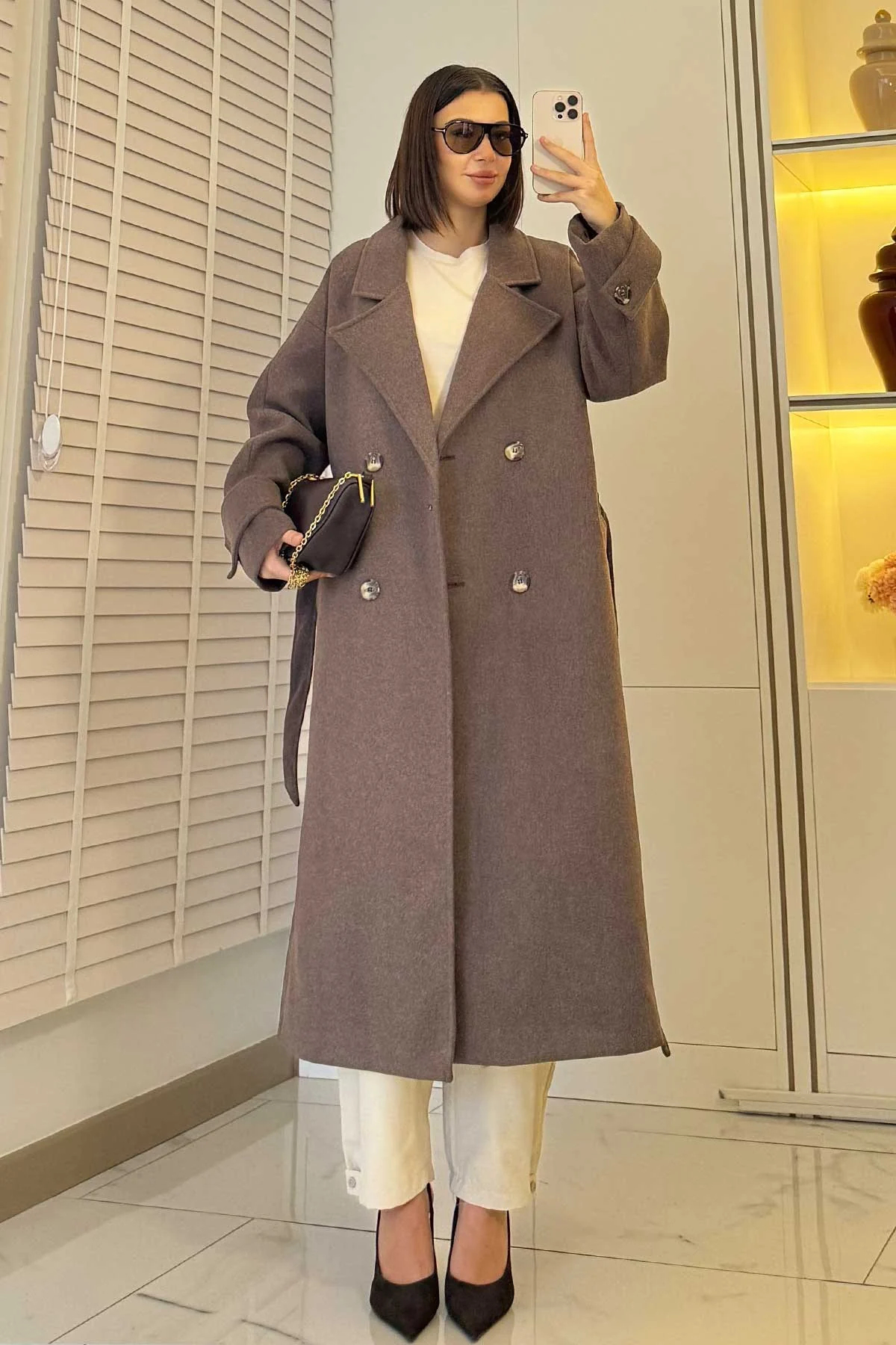 Premium Oversize Dört Düğmeli Kaşe Kaban – Kahverengi