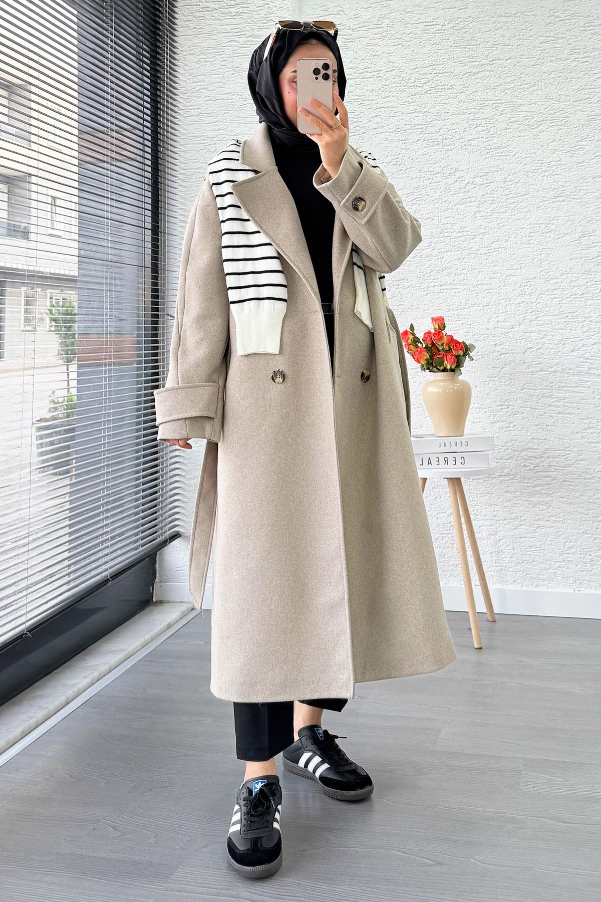 Premium Oversize Dört Düğmeli Kaşe Kaban – Taş