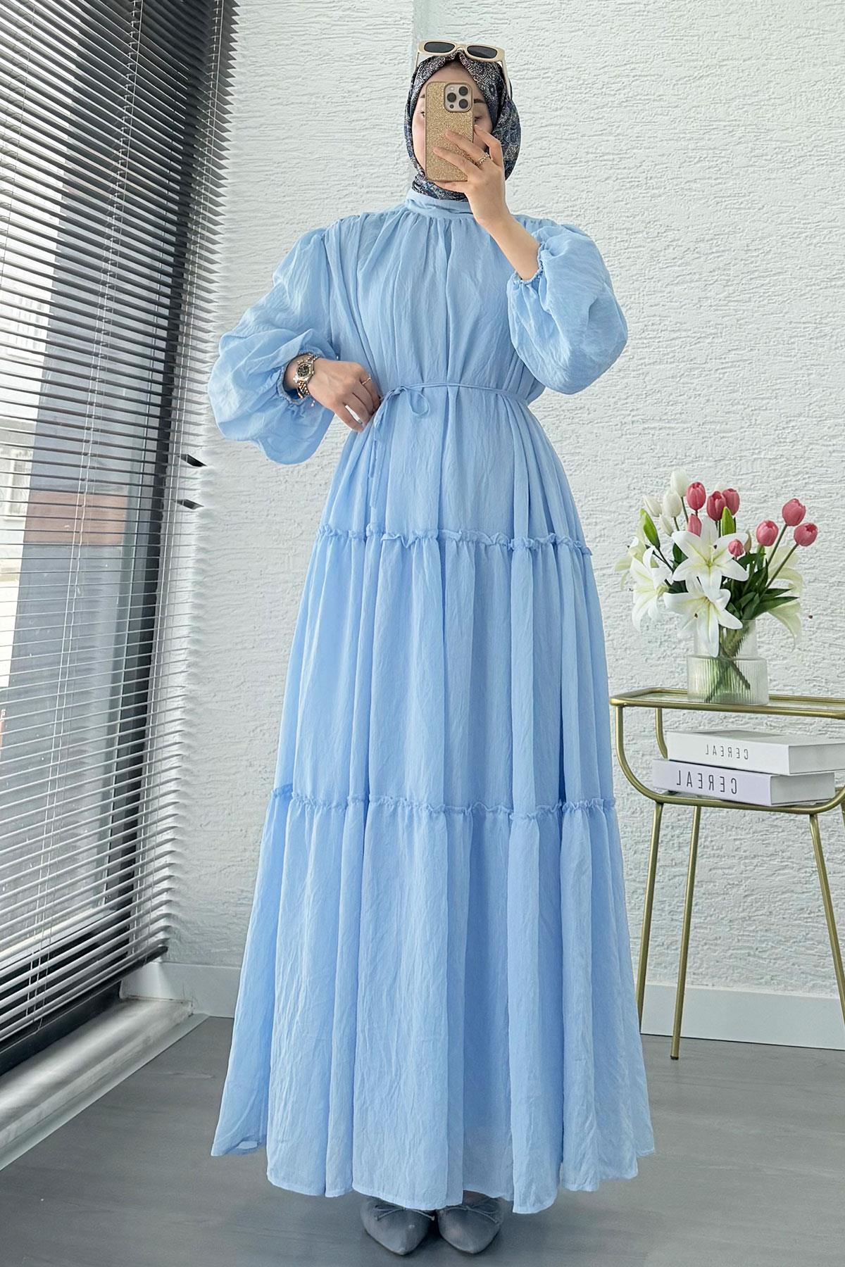 Premium Oversize Hakim Yaka Laya Vual Elbise - Mavi