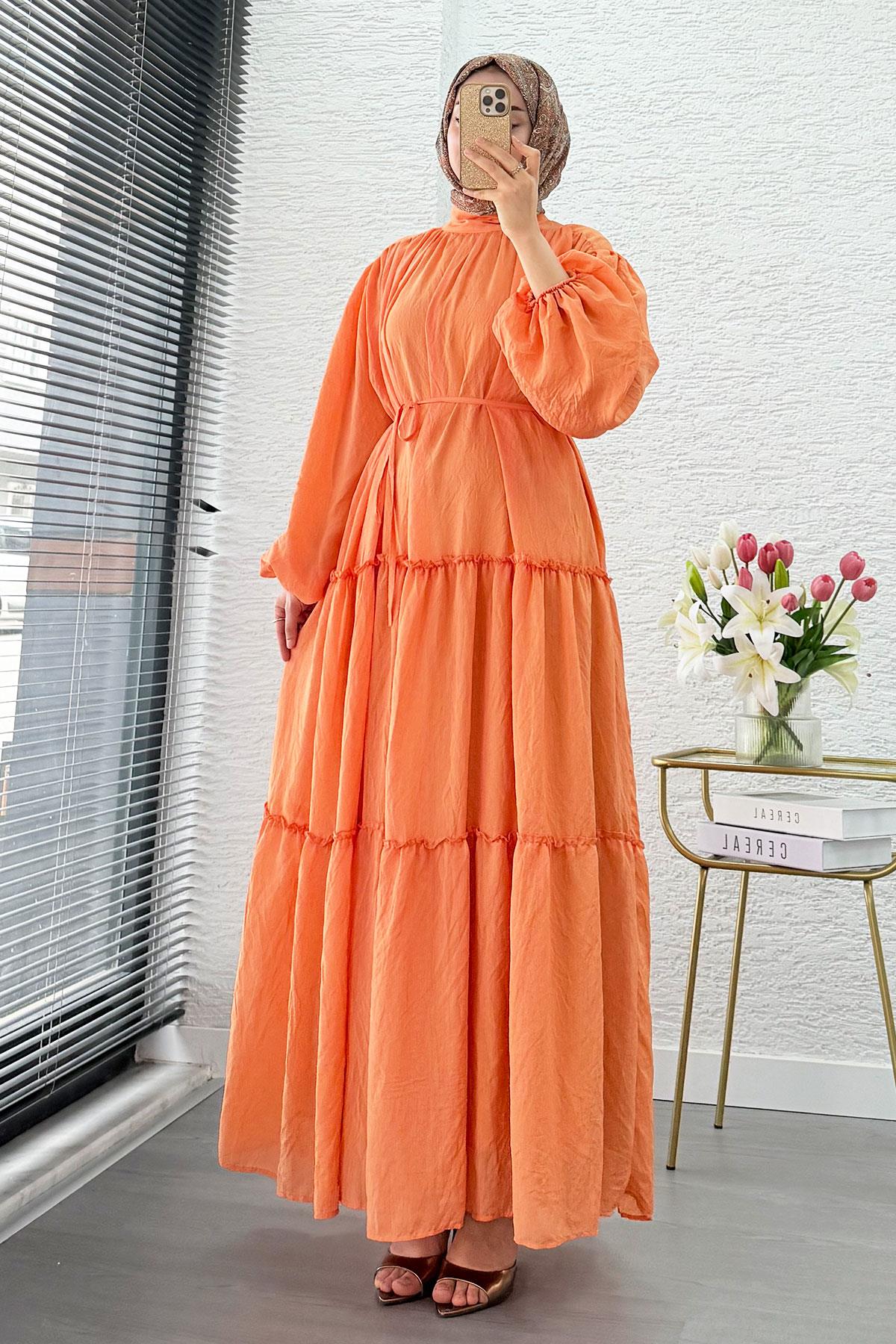 Premium Oversize Hakim Yaka Laya Vual Elbise - Turuncu