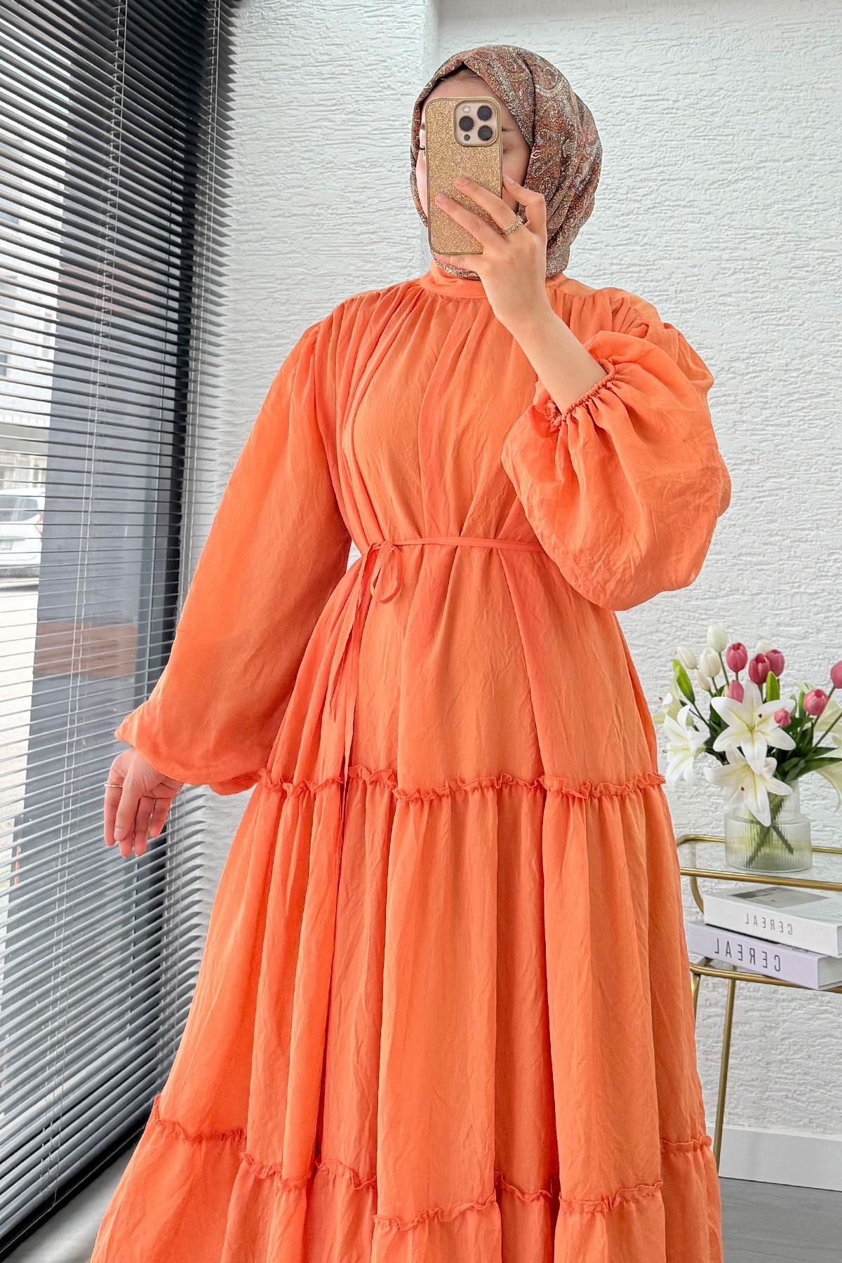 Premium Oversize Hakim Yaka Laya Vual Elbise - Turuncu