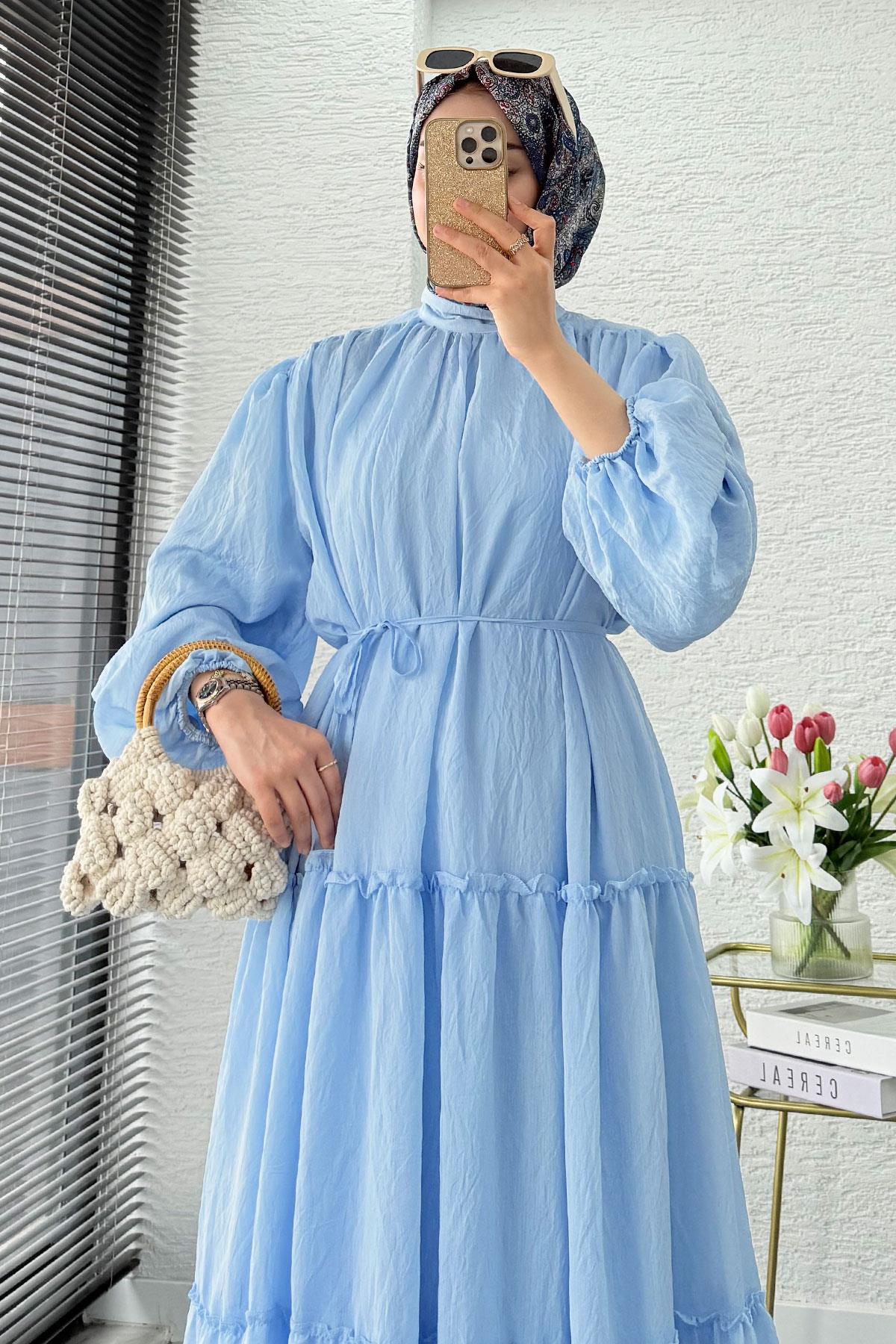 Premium Oversize Hakim Yaka Laya Vual Elbise - Mavi