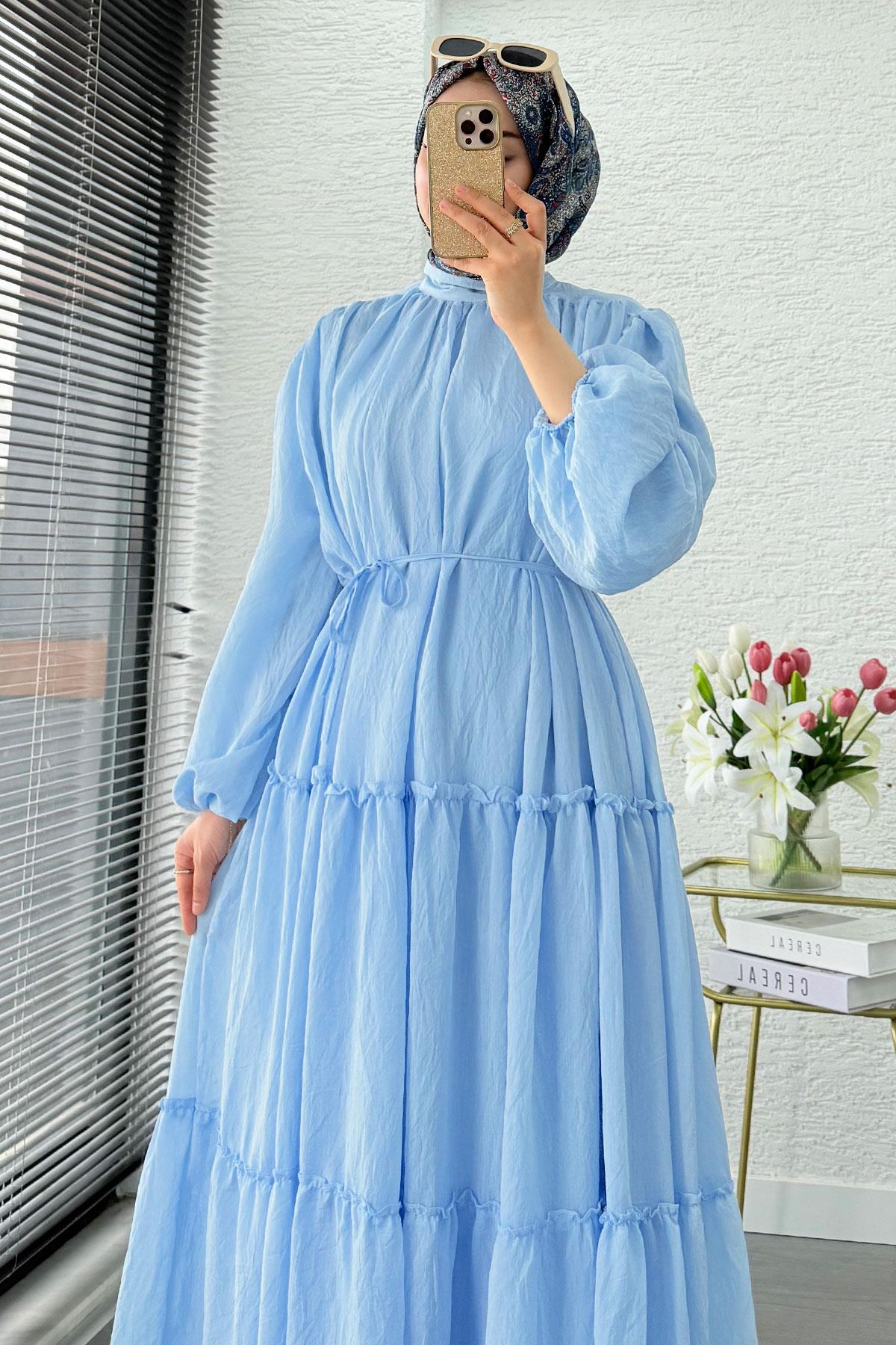 Premium Oversize Hakim Yaka Laya Vual Elbise - Mavi