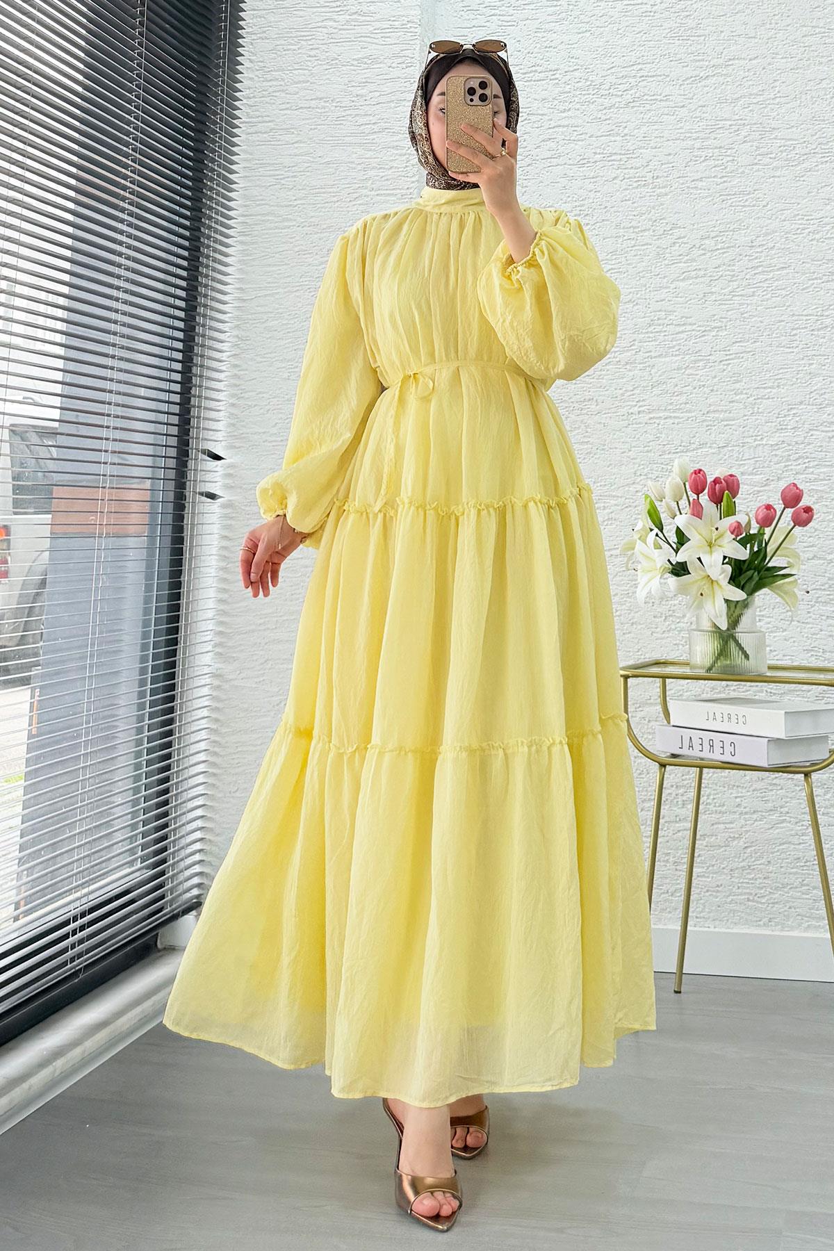 Premium Oversize Hakim Yaka Laya Vual Elbise - Sarı