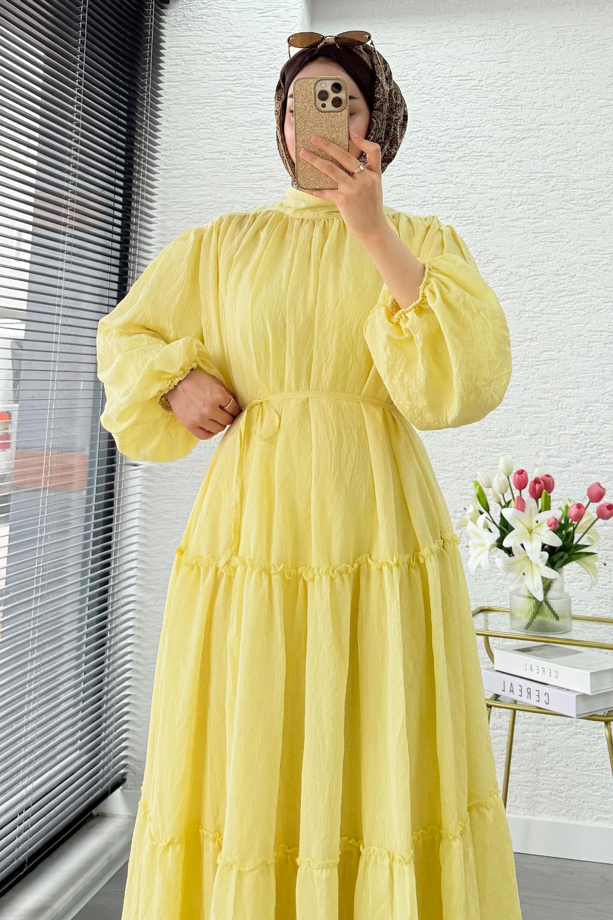 Premium Oversize Hakim Yaka Laya Vual Elbise - Sarı