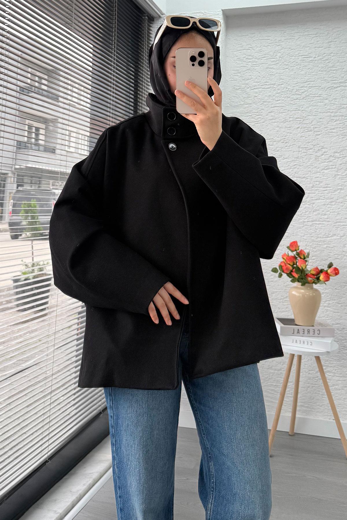 Premium Oversize Kaşe Panço Kaban - Siyah