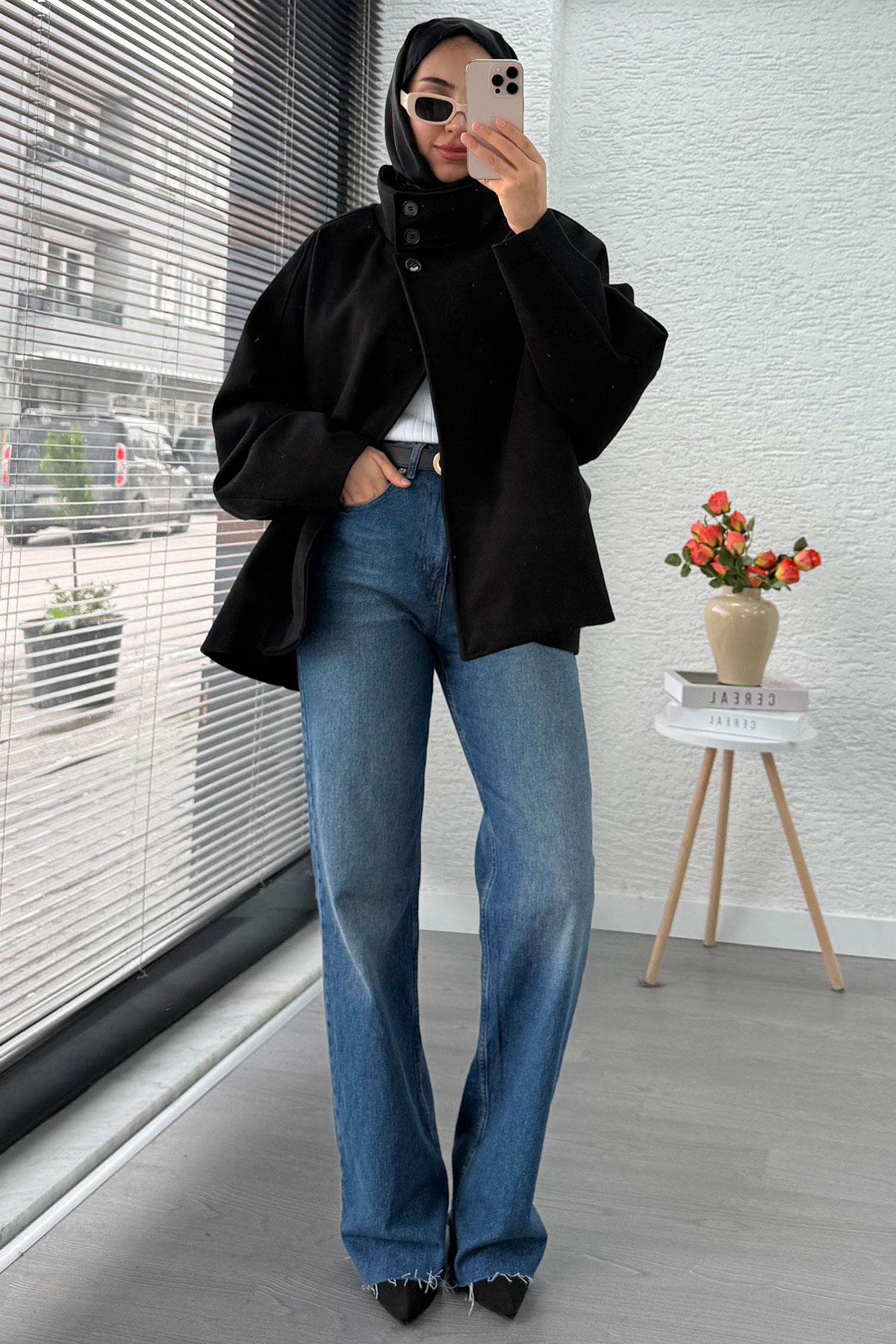Premium Oversize Kaşe Panço Kaban - Siyah