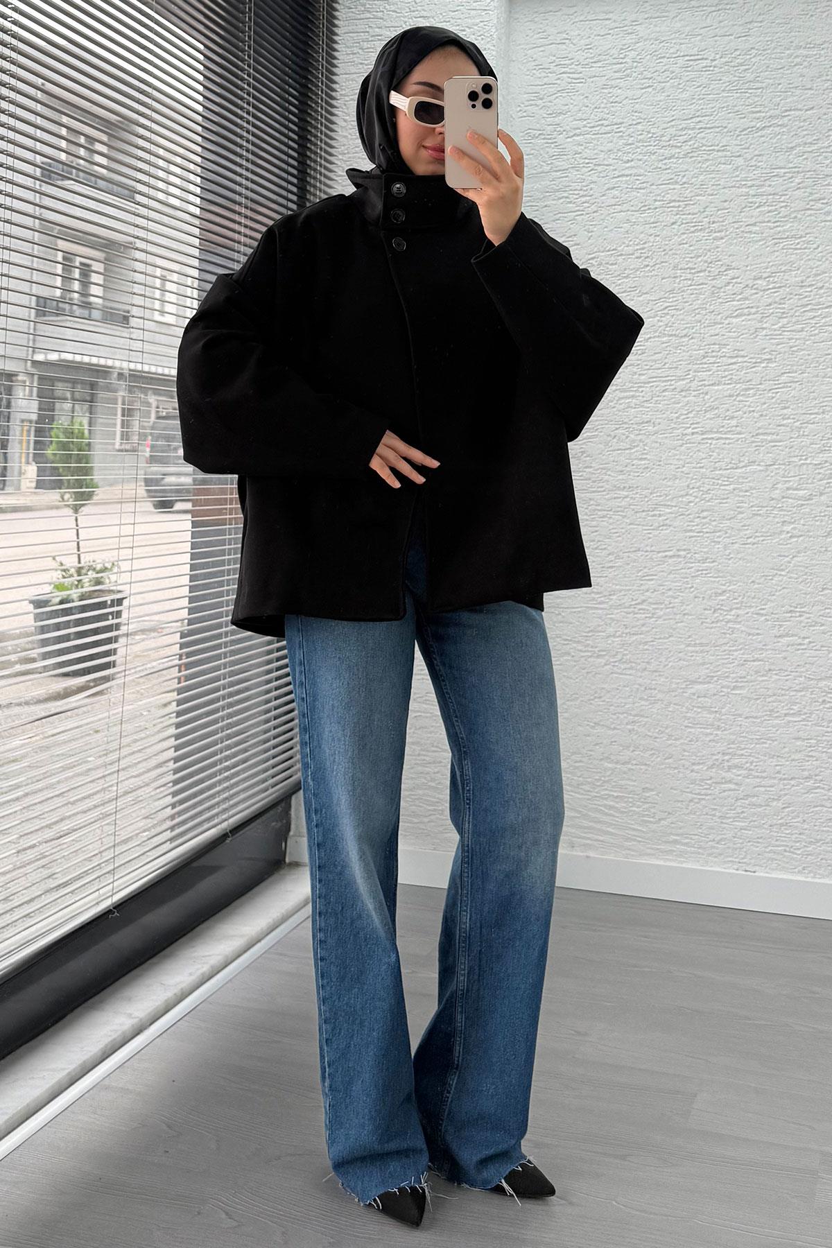 Premium Oversize Kaşe Panço Kaban - Siyah
