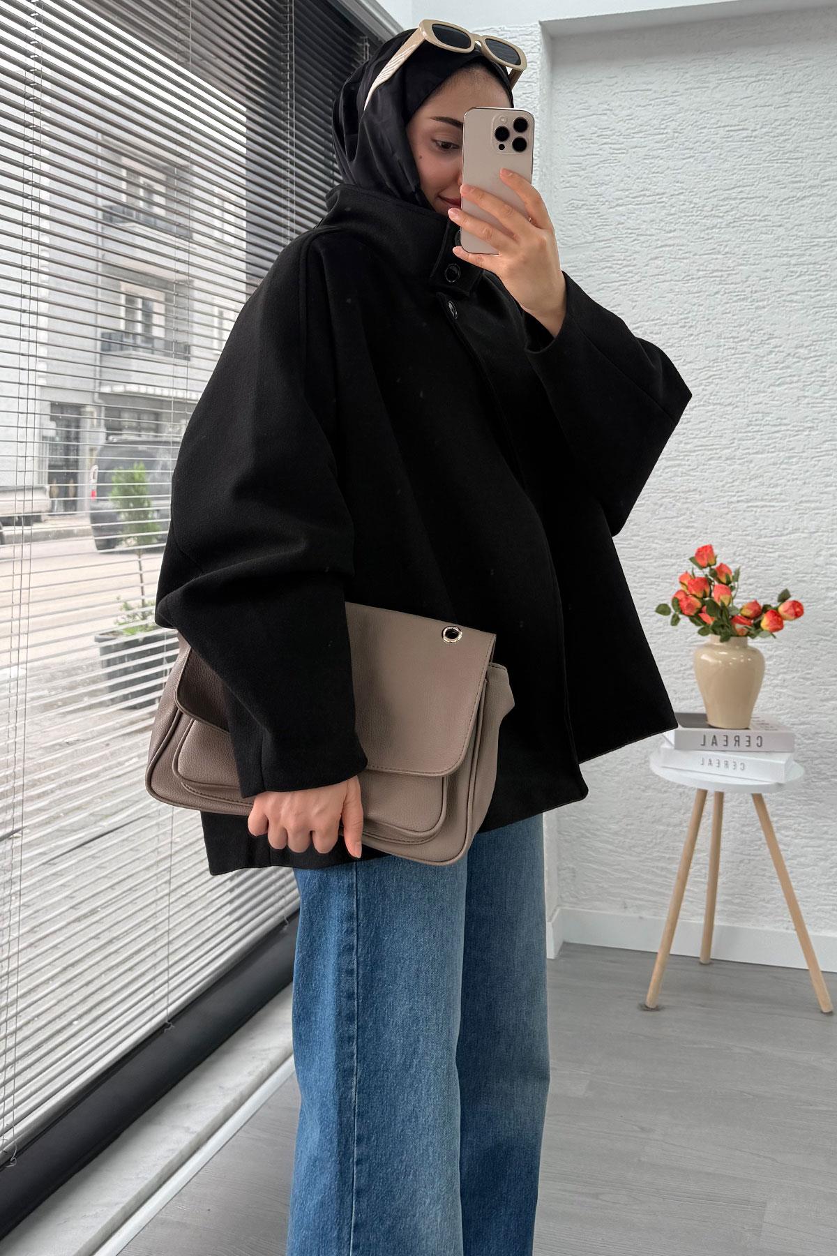 Premium Oversize Kaşe Panço Kaban - Siyah