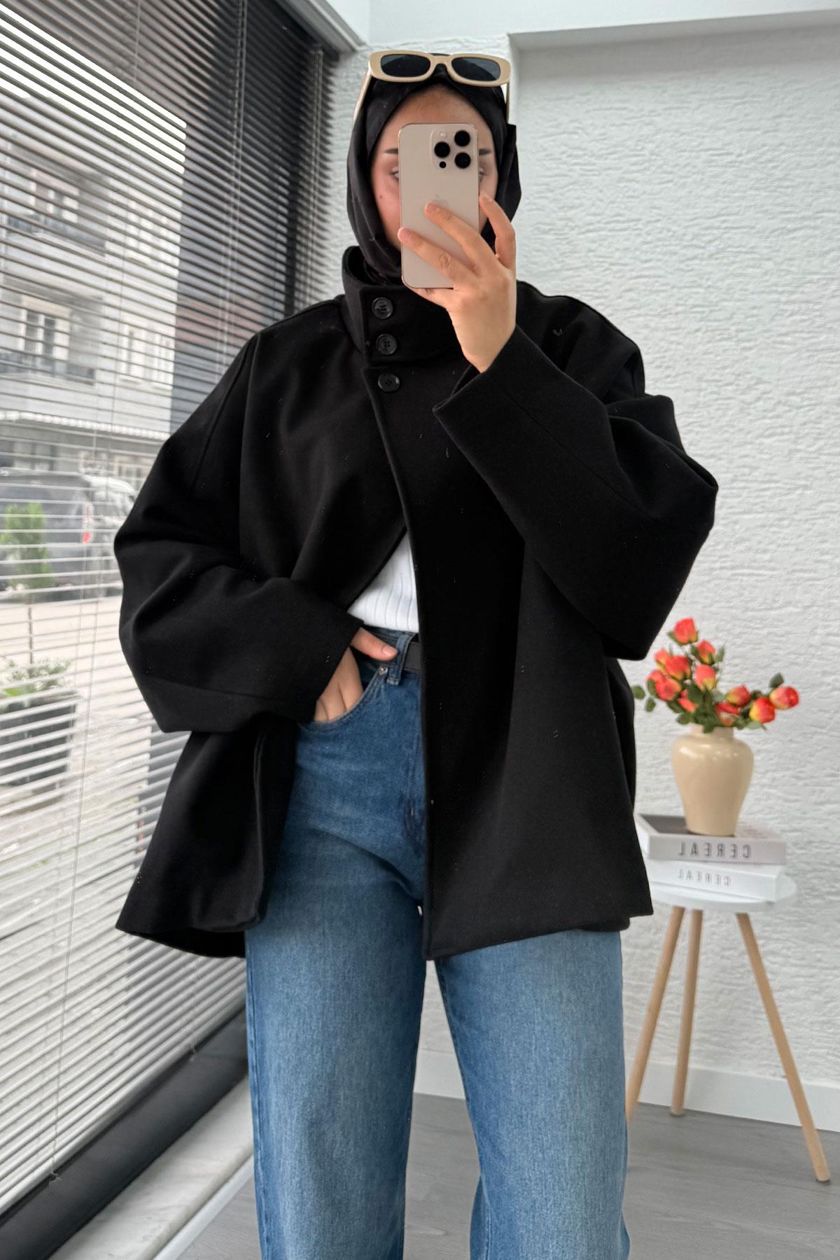 Premium Oversize Kaşe Panço Kaban - Siyah