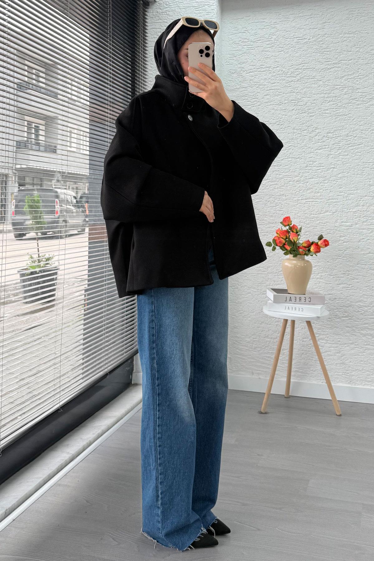 Premium Oversize Kaşe Panço Kaban - Siyah