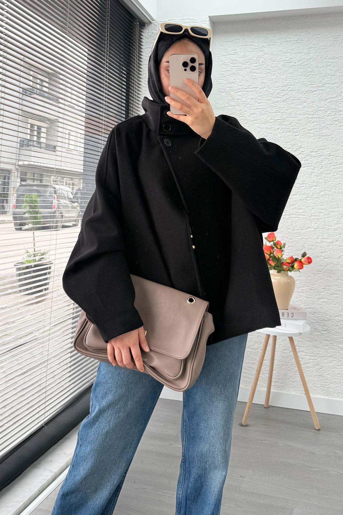 Premium Oversize Kaşe Panço Kaban - Siyah