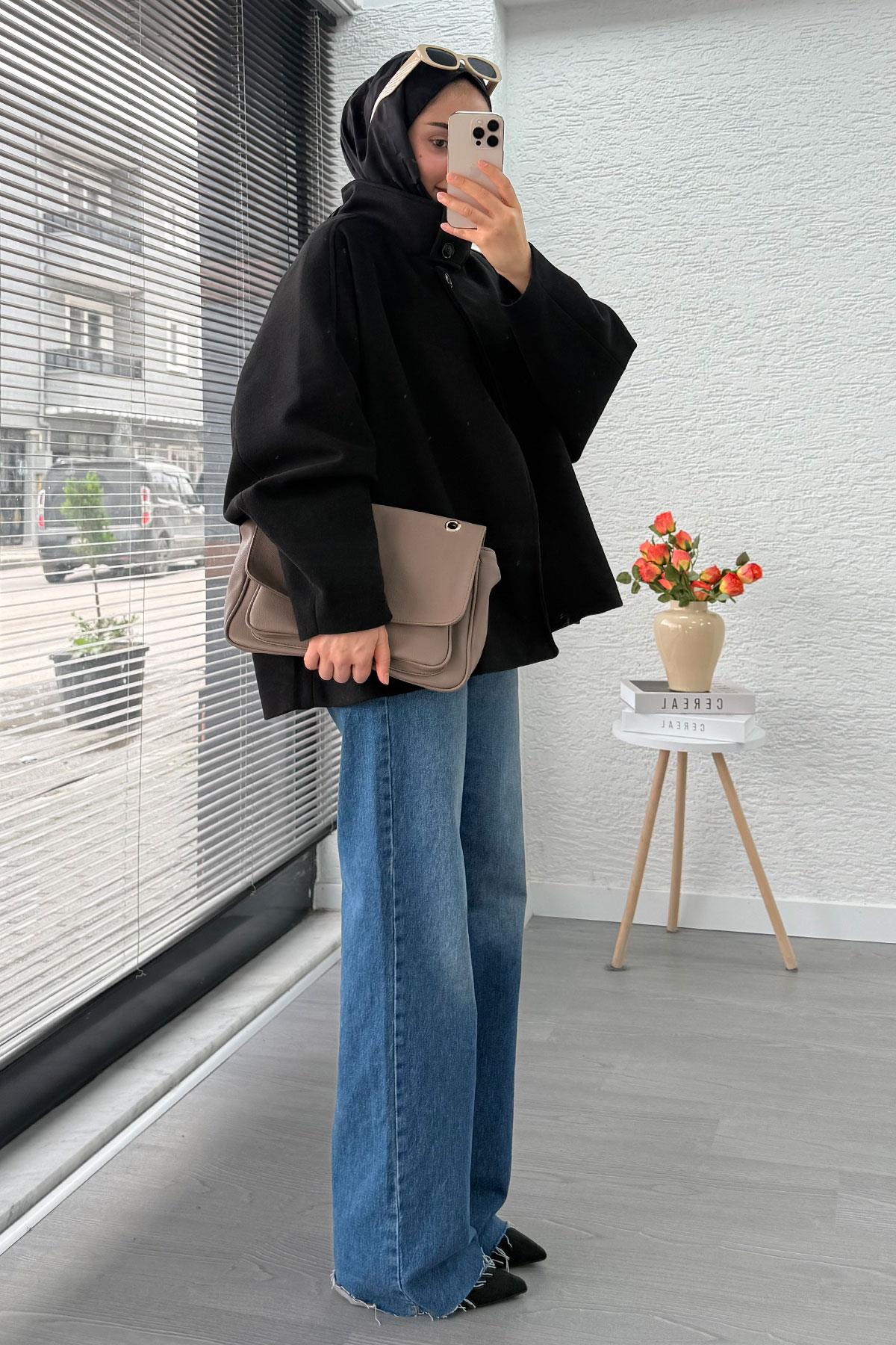 Premium Oversize Kaşe Panço Kaban - Siyah