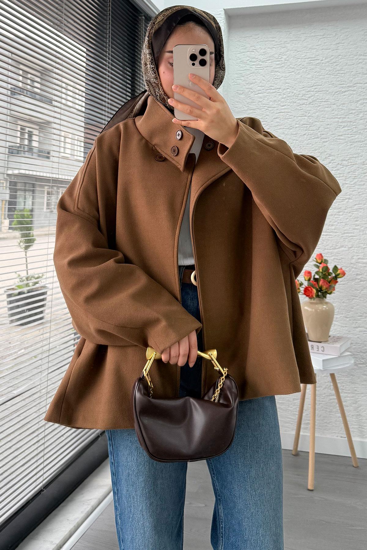 Premium Oversize Kaşe Panço Kaban - Taba