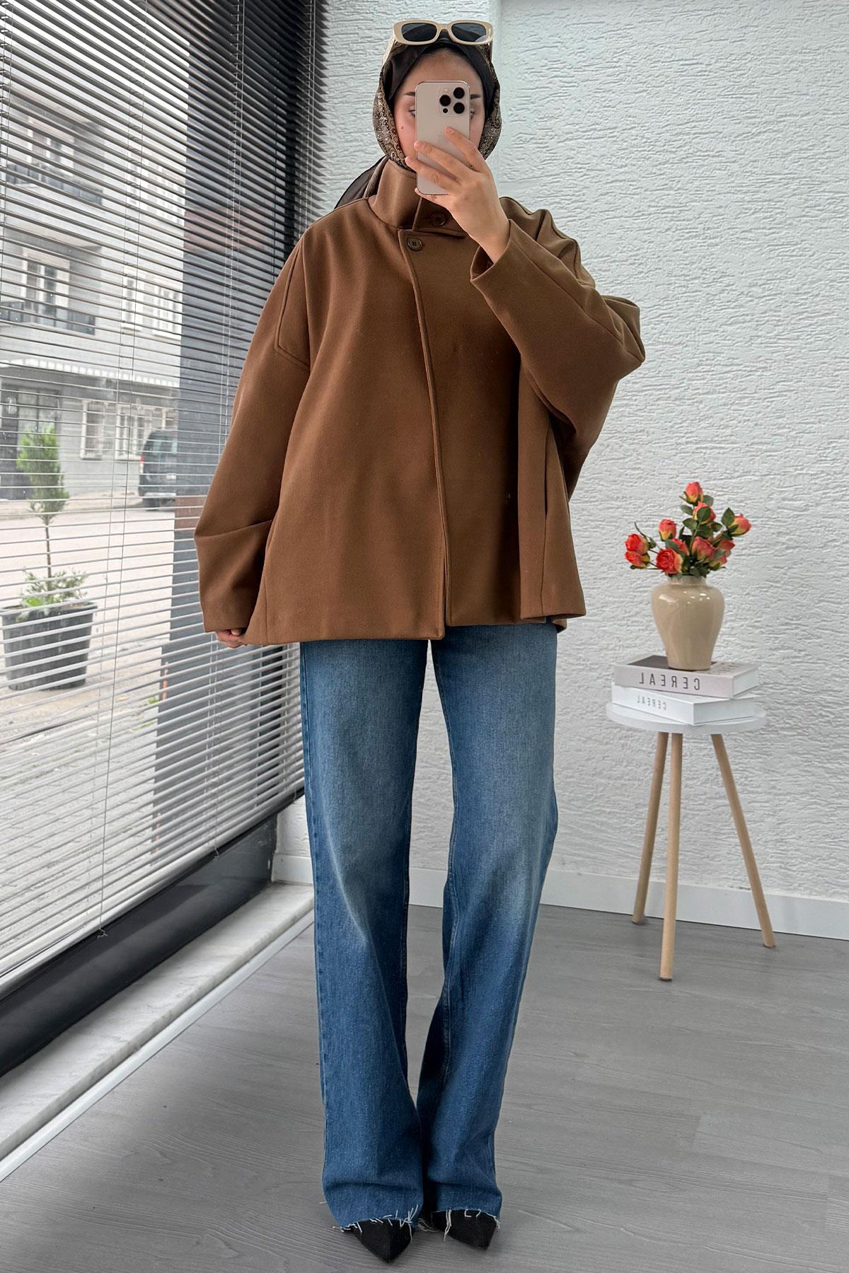 Premium Oversize Kaşe Panço Kaban - Taba