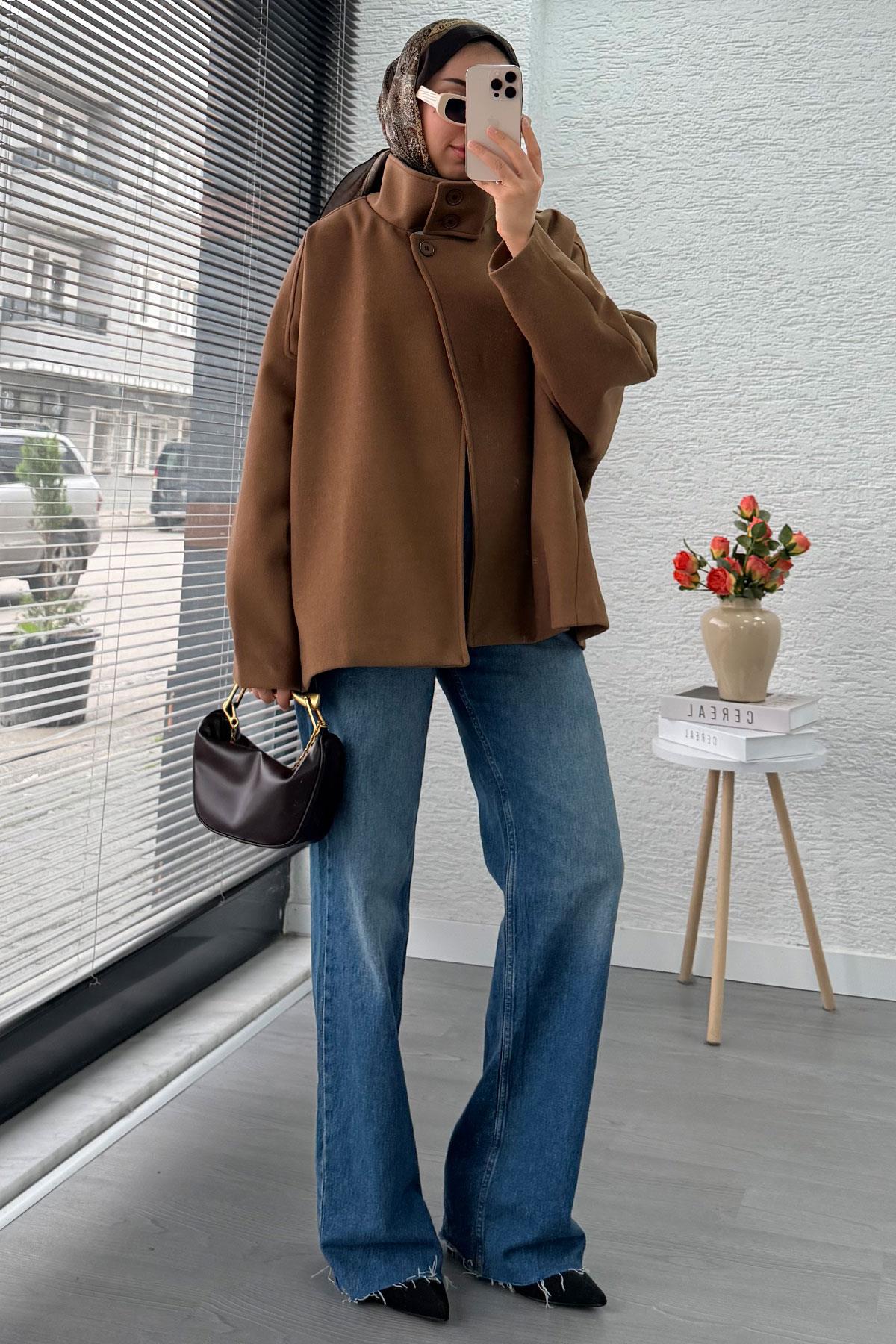 Premium Oversize Kaşe Panço Kaban - Taba