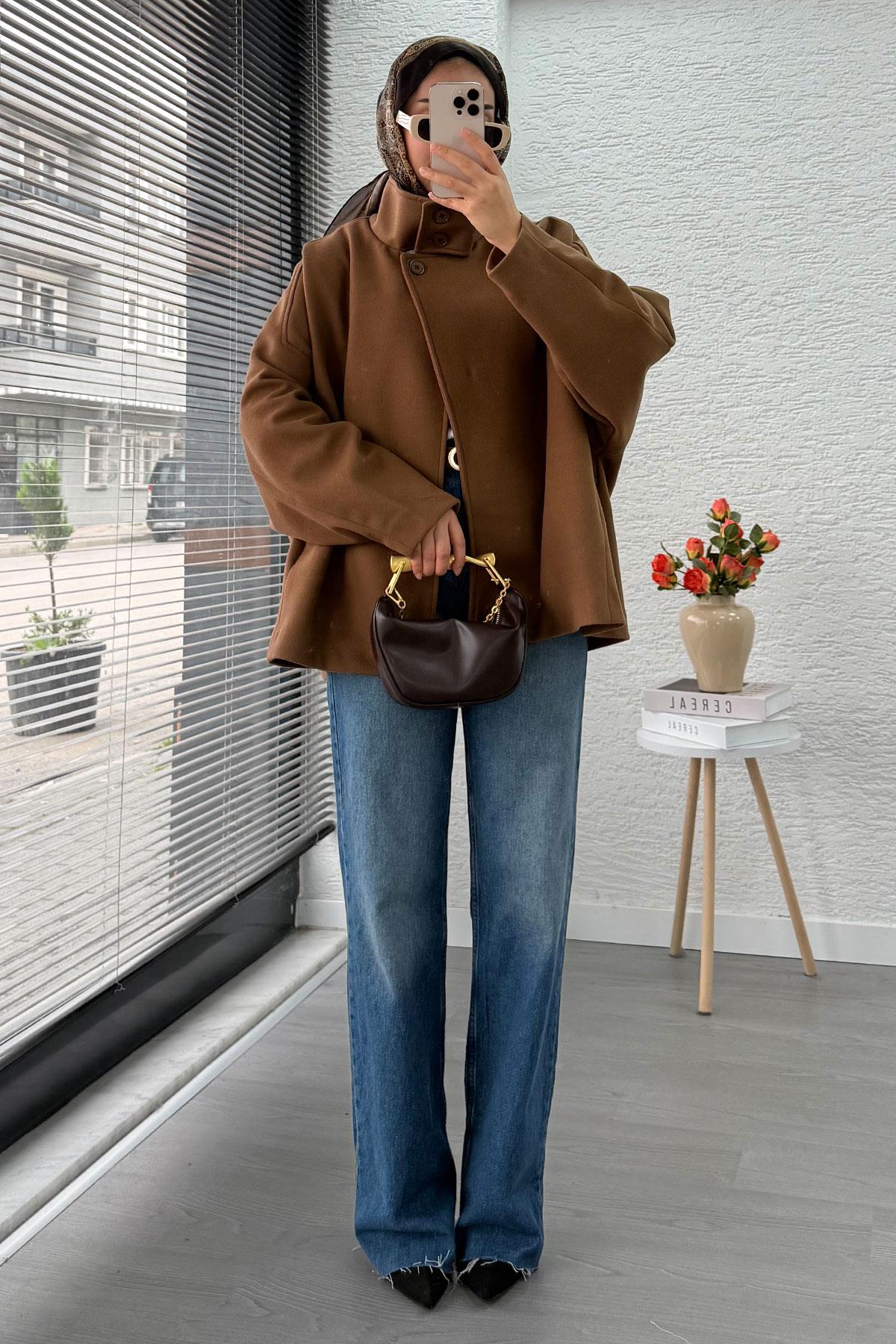 Premium Oversize Kaşe Panço Kaban - Taba