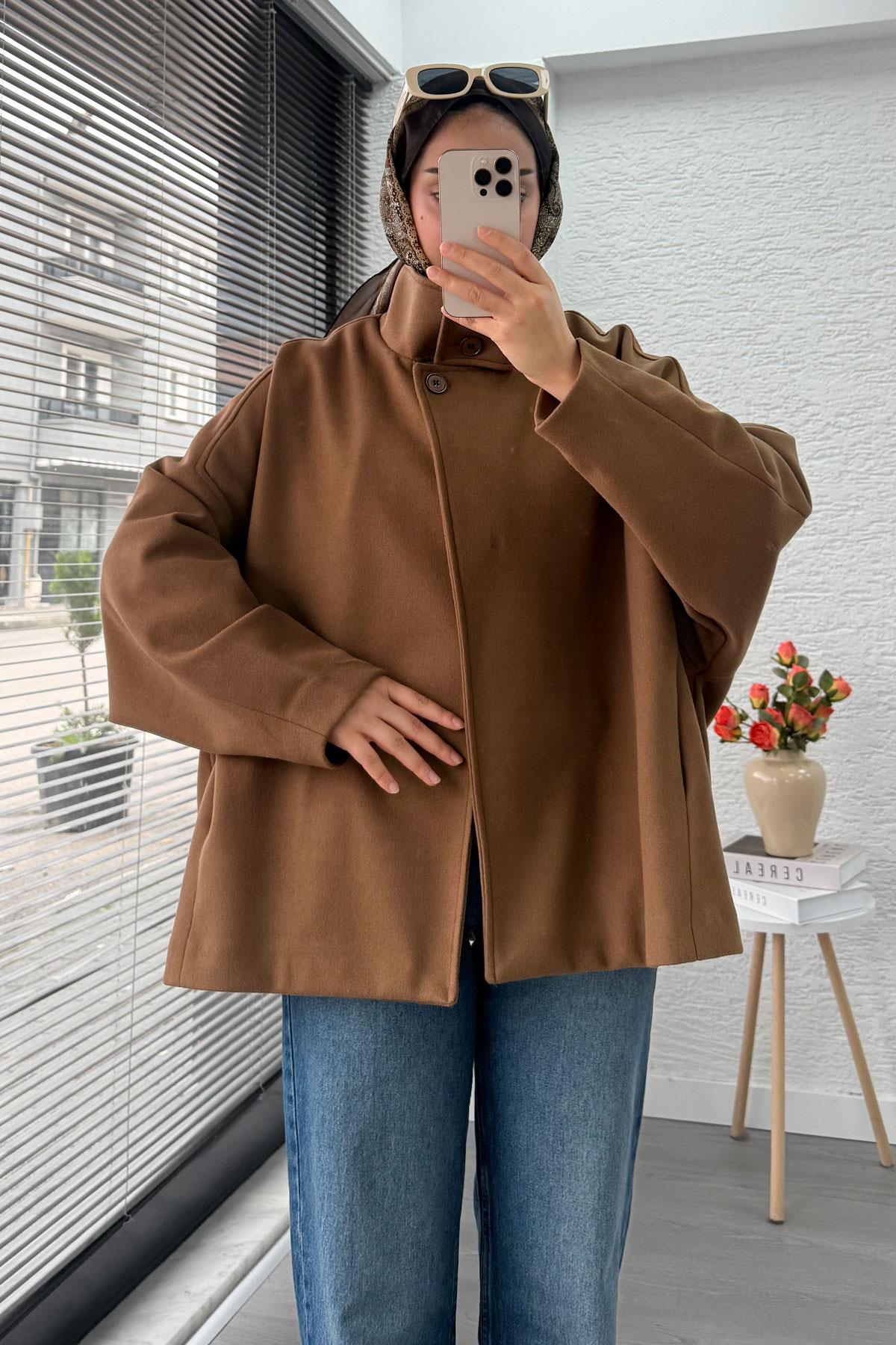 Premium Oversize Kaşe Panço Kaban - Taba