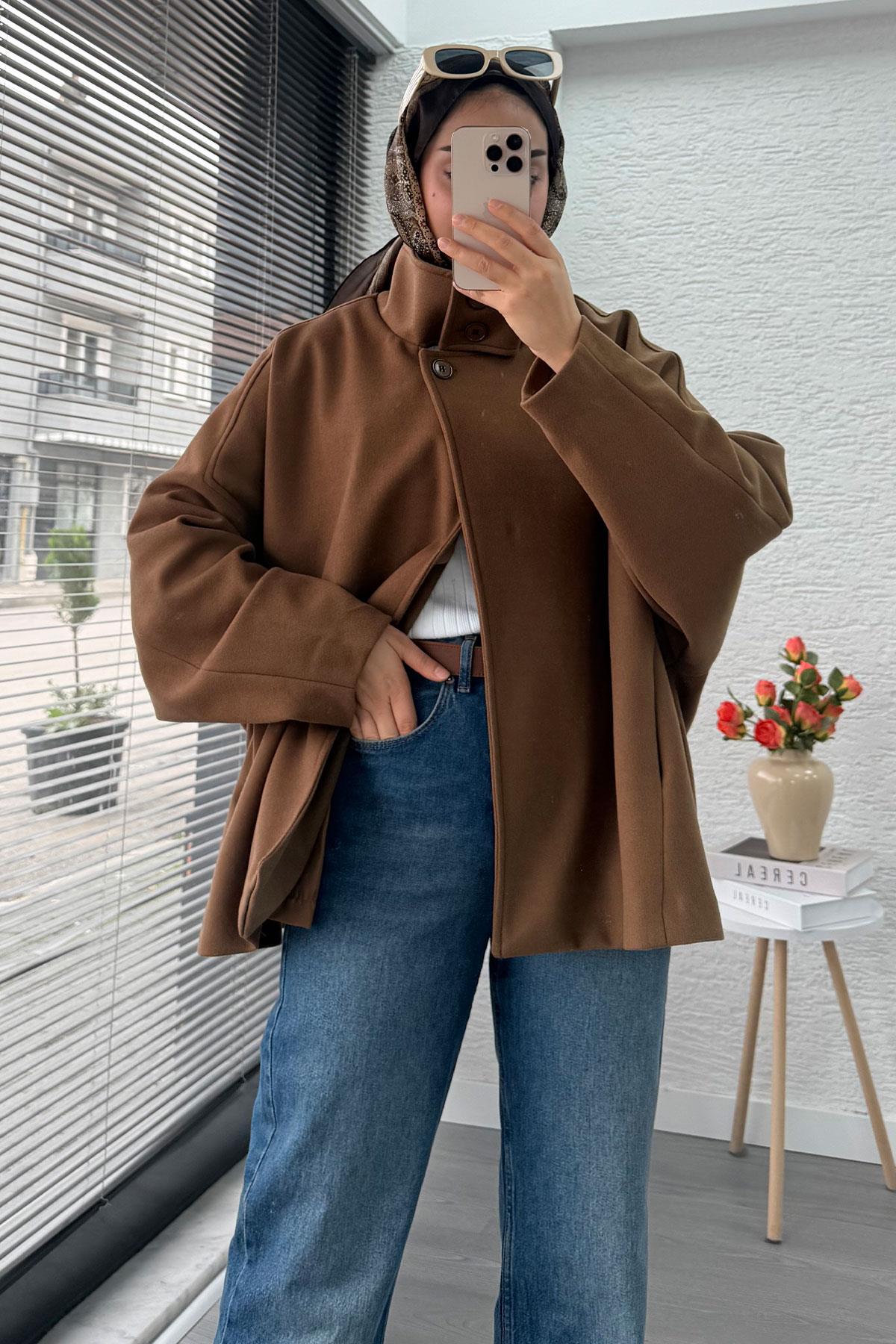 Premium Oversize Kaşe Panço Kaban - Taba