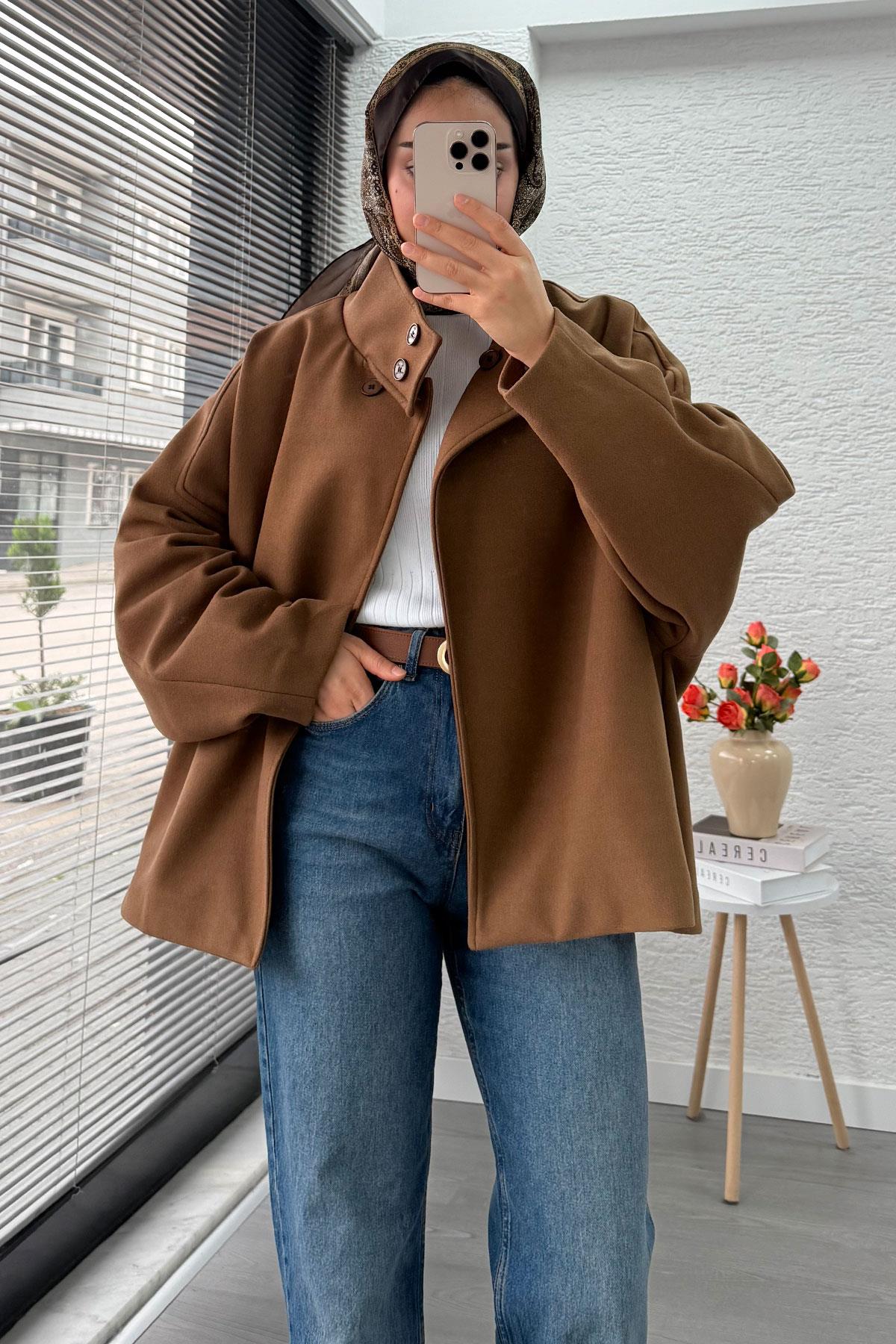 Premium Oversize Kaşe Panço Kaban - Taba