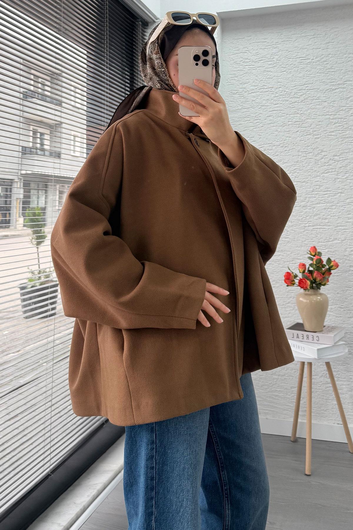Premium Oversize Kaşe Panço Kaban - Taba