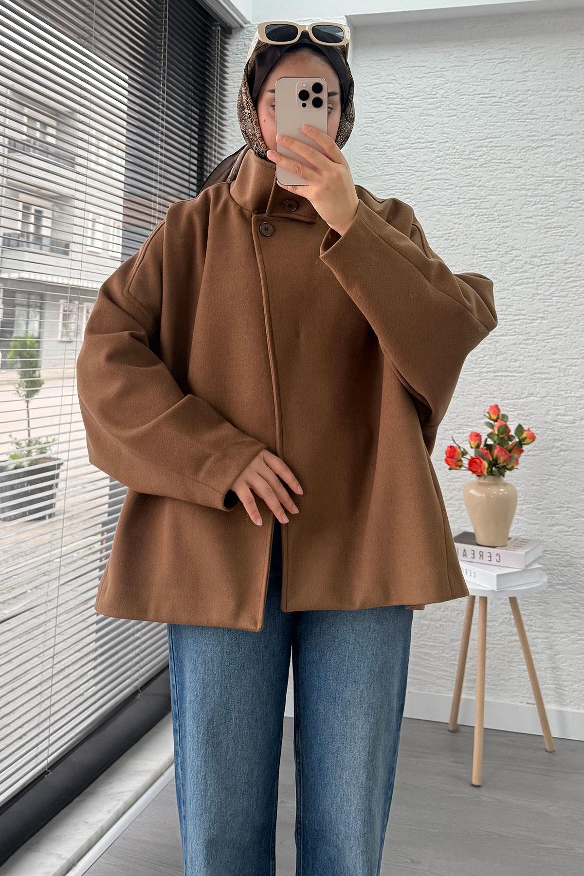 Premium Oversize Kaşe Panço Kaban - Taba