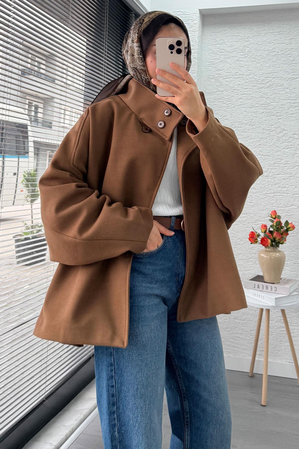 Premium Oversize Kaşe Panço Kaban - Taba